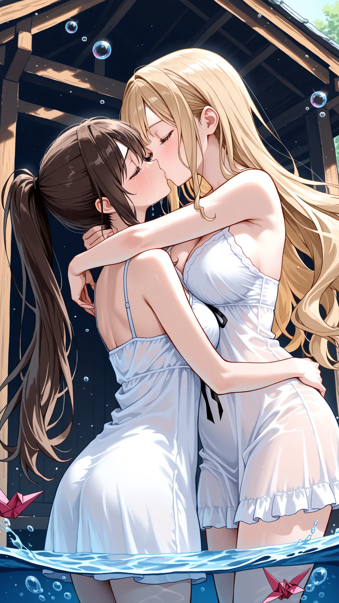 2 women, night, Stone steps in Japanese hot springs, Bare back and white shirt, Female couple kissing, (SFW) Work, kissing together cutely, girls love art, auburn, (Big breasts that are a bit saggy, Long wavy blonde hair), (small breasts, Straight brown hair), (girl love kiss), The mouth is very detailed, (Girls love hugs), touch her clothes, (playing with her boobs), Firmware version