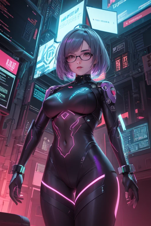 anime girl in a purple and black suit with a purple mask, oppai cyberpunk, laserpunk fullbodysuit, cyber suit, perfect anime cyborg woman, cute cyborg girl, android heroine, girl in mecha cyber armor, female cyberpunk anime girl, biomechanical oppai, clothed in cyber armour, gynoid cyborg body, perfect android girl