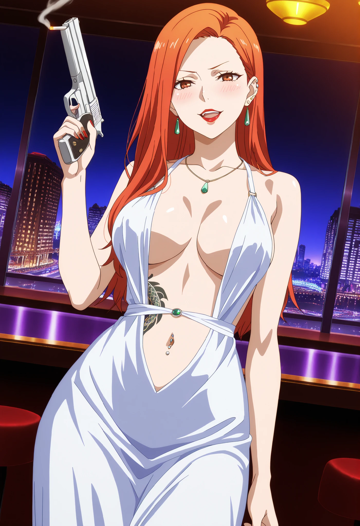 mature female suprise expression, red hair, orange red hair, long hair, straight hair, parted bangs, milf, forehead, middle parted hair, high detailed, best quality, ,red lipstick ,medium large breasts,, milf, necklace ,,, ear piercing, long hair, blush, lipstick,Hot girl, baddie, smoking, sensual, attractive ,bar
background, inside bar,indoors, cityscape, casino, nightclub, city lights, masterpiece, best quality, highly detailed, a girls in long dress with navel cutout posing for a picture, evil
smile, smile, open mouth, (nsfw) not safe for work, revealing dress, beautiful dress center opening ,
long dress with bellybutton showing, official artwork, exposed navel, exposed bellybutton, jewelry,
earrings, complex detailed background, casino environment, fancy
interior environment, rich interior, holding a gun, holding pistol, navel piercing , medium breasts, dragon tattoo on waist , narrowed eyes , tattoo on waist , anipai_style , anime screencap , anime coloring , v-shape eyebrows ,, Tokyo Ghoul Style