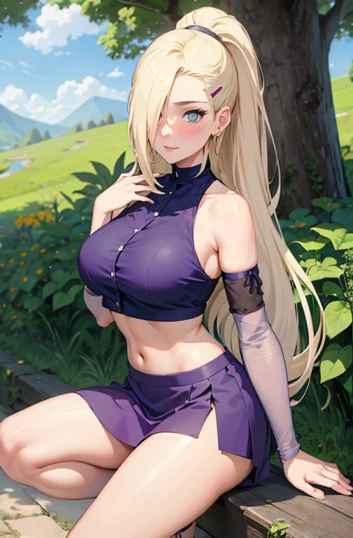 mature woman, medium breasts, pale blonde hair with bangs, wavy hair tied into a high ponytail, sharp green eyes, red lips color, smoky eye make up, smirking at viewer, naughty face, Surrealism, anime style, depth of field, 8k, super detail, high details, Cinematic lighting, night time, shadow over face, Close-up, camera from the bottom up, hyper HD, Masterpiece, High details, detailed light, detailed shadow, detailed background. wearing yoga outfit, full body image, sexy pose, background: park, trees, grass, blue sky, clouds, birds, flowers, wisteria flowers