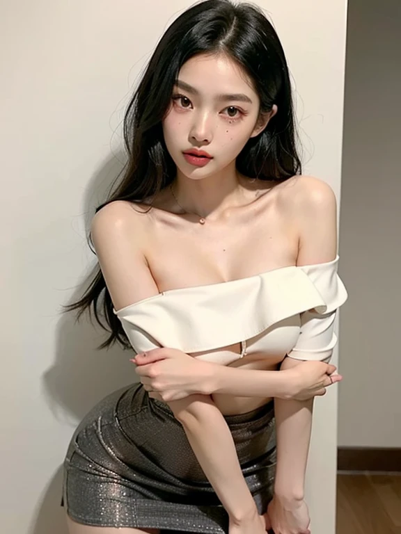 (NSFW1.5), 8k, RAW photo, best quality, masterpiece:1.2), yjnn, 1girl, 3d, asian, bangs, bare_shoulders, bow, bra, breasts, brown_eyes, brown_hair, cleavage, grey_background, lips, long_hair, long_sleeves, looking_at_viewer, medium_breasts, navel, nose, off_shoulder, open_clothes, open_shirt, panties, realistic, shirt, solo, stomach, underwear, undressing, upper_body, white_bra, white_panties, white_shirt,Shiny skin, beautiful delicate face, beautiful delicate eyes ,(realistic, photo realistic:1),Lie down on the bed