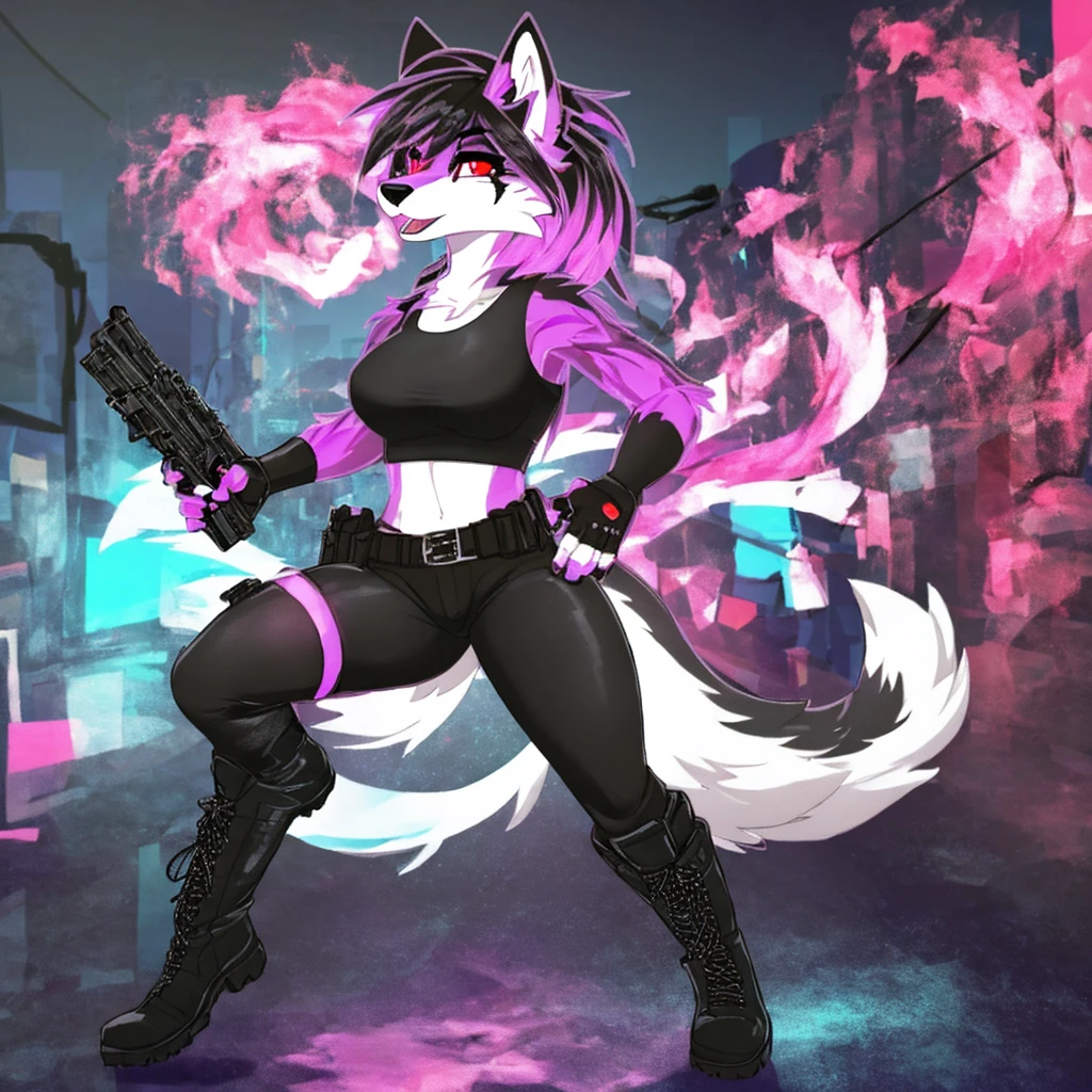 Best quality, masterpiece, ultra high resolution by Pixelsketcher,(((full version))), highwire,wolf girl,pink eyes,blue sclera,eye scar , scars all over the face ,black body, fur trim, collar, crop top, belt, gesture, cyberpunk city