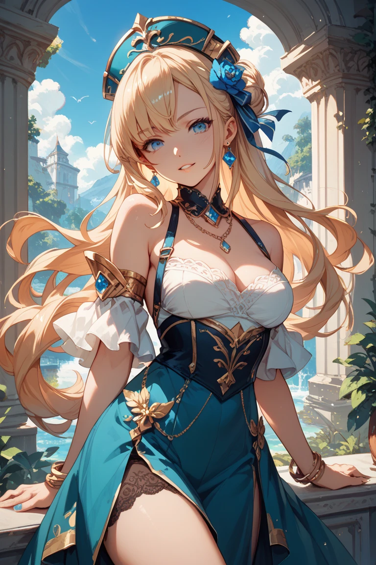 ((masterpiece)), ((best quality)), (ultra-detailed), absurdres, extremely detailed CG unity 8k wallpaper, Official Art, Accurate describe shapes, (realistic), beautiful face, detailed hands, expressive eyes, upper body, looking at viewer, solo, (standing, arm at side, smile:1.2), (indoors, scenery, dramatic light, illustration:1.1), (1girl, mature female, large breasts, curvy, wide hips, blonde hair, blue eyes, long hair:1.4), (yellow bow, black headwear, black dress, black thighhighs, cleavage, bare shoulder, detached sleeves, jewelry:1.3), , ((masterpiece)), absurdres, HDR, navia (genshin impact) <lora:epi_noiseoffset2:0.7> <lora:GoodHands-vanilla:1.0> <lora:NaviaV1:0.7>