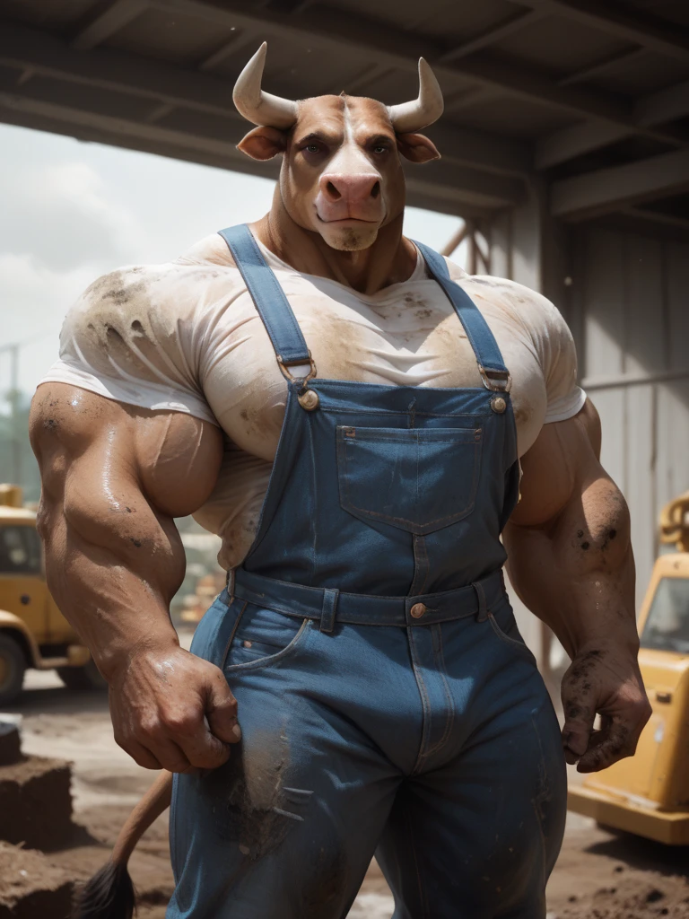 handsome male, cow, two pointy horns, cattle ear tag, heavy muscular build, light brown short messy fringe, ((best quality)), ((masterpiece)), (detailed), perfect face, blonde fur, blue eyes, good eyes, nude, mischievous, realistic, barn background, presenting penis, erection,