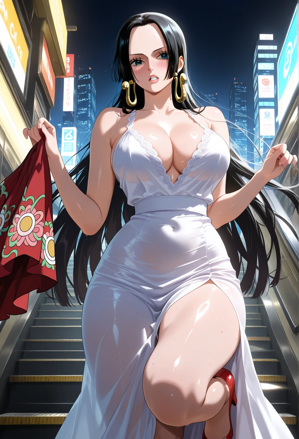 woman, very dark purple hair, purple eyes, long hair, large breasts, very long dress, very tight dress, standing straight, (wetting herself:1.5), best quality, ultra-detailed, HDR, studio lighting, professional, vivid colors, sharp focus, bokeh, landscape, office, night, window, cityscape, colorful city, neon lights, futuristic, science fiction, soft lighting, dynamic shadows, (embarrassed:1.5), (humiliation:1.5), b(lushing:1.5), (angry:1.25), (tears:1.5), facing viewer, (hands on hips:1.5)