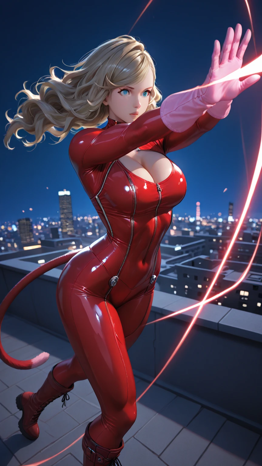 ((Master quality, 8K, masterpiece:1.3, ultra-detailed, high resolution, RAW Photos, detailed Realistic background, cinematic lighting)), Actual, Realistic, photo, HDR, BREAK, detailed eyes, perfect anatomy, perfect hands, perfect legs, BREAK, One person alone, dsann(persona 5), beautiful face, (open stance, posing sexy), blonde twin pigtails hair, ( Round and Stacked Breasts ), Cleavage, Slim waist, smile:1.5, Sweat-soaked skin, BREAK, wearing( dspanther, red latex bodysuit and Cat tail, ), , Graffiti art, BREAK, ( Random Angle, full-body, ), dynamic angle, , outdoor, casino, Night Street