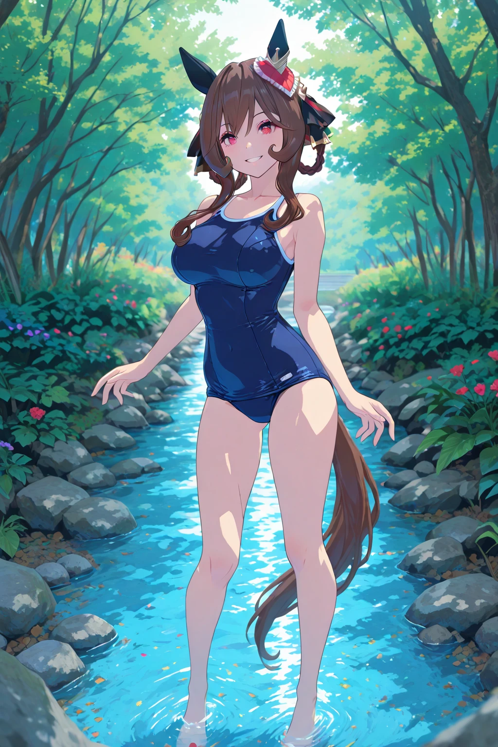 rating_safe, score_9, score_8_up, score_7_up, score_6_up, score_5_up, score_4_up, hires, highres, source_furry(1girl, Solo focus, furry anthro, kemono)bathing in water, beautiful refraction of water, Dreamy, mystical, Swimsuit, Happy, joyful(Photos of solo travelers)cinematic lighting, dynamic angle,