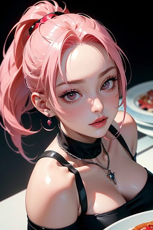 (masterpiece, best quality), 1girl, Peach Sorbet High Bubble Ponytail with Hair Cuff, big breasts, Wine Frilled halter top and Pinstripe trousers, ankle socks, Hands on the face, peeking through fingers, <lora:reel-v1:1>