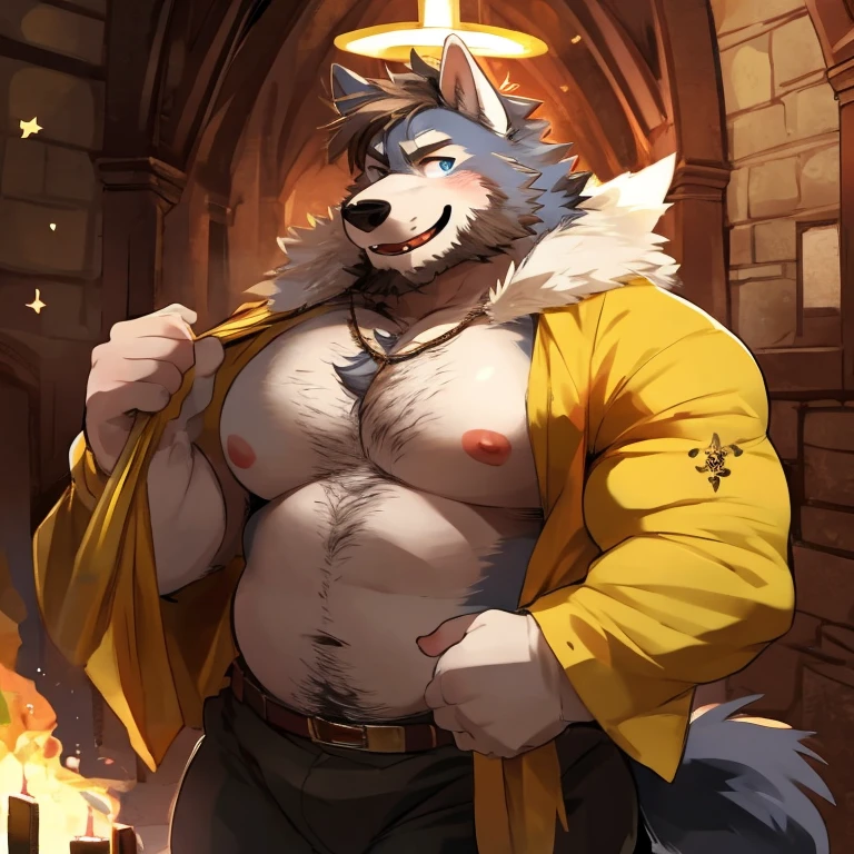 (author:Hioshiro and Kenket and Dimwitdog, Michael & Inessa Garmash, ruanjia, pino daeni, Chunie), Solo, anthro, Male, (White wolf), ((intricate detail fluffy fur texture)), White mane, thick bushy eyebrows,Little wolf ears,pinup, (Golden eyes) , surprised,Pink breast clusters, ((wears)), digigrade, (Tail), Handsome, Cinematic, Solo, (musculature), (shaded), (Detailed eyes):1.2, ((busts)), Chubby body,Sensual,musculature,Shirtless,White six-foot pants,Small raised,Religious motifs,Stone ornaments, full lenght shot