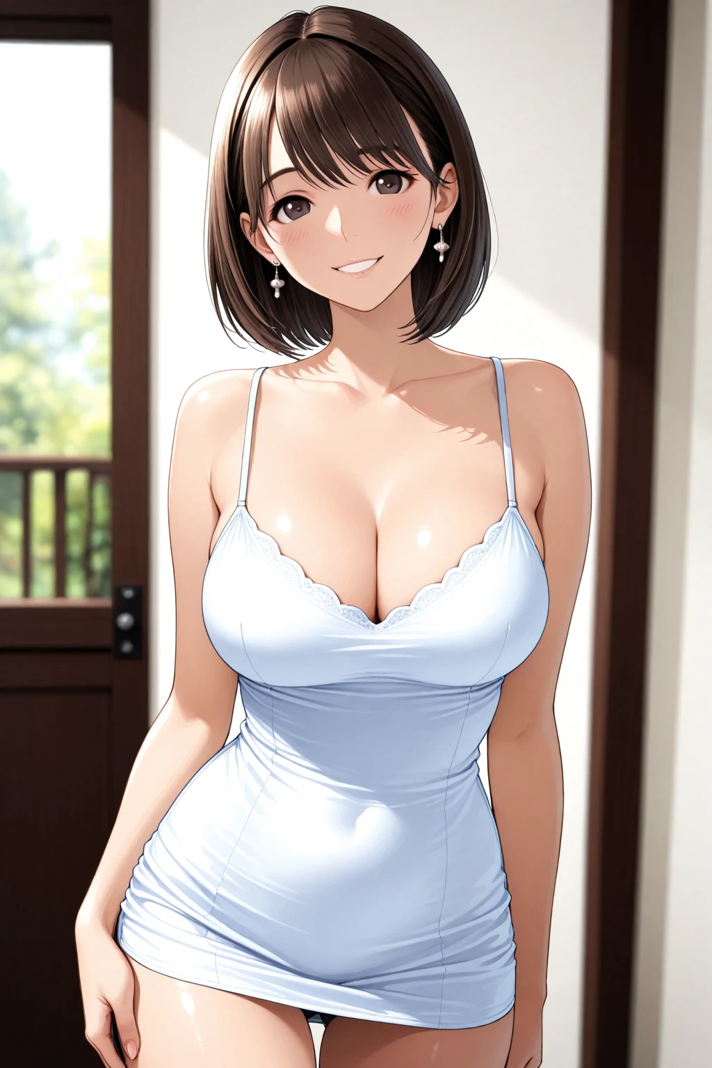 ((masterpiece)), ((Highest quality)), ((Complex)), ((Surreal)), (Realistic), (Mature Woman), ((No classes)), Very detailed, (1 female), Beautiful and exquisite, (Beautiful Teeth), Grin, Brunette bob hair, Brown eyes, ((blouse)), (Upper Body), (background:none), Perfect Eyes, Captivating eyes, Looking at the audience