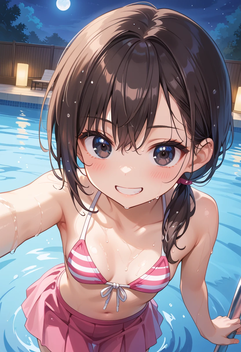 1 female,black hair,25 years old,((()))((shiny bikini))(((blush、open mouth smile)),(((straight hair))),(((portrait))),(wet with sweat)((pool))(leather thigh high boots)((turn around and look back))