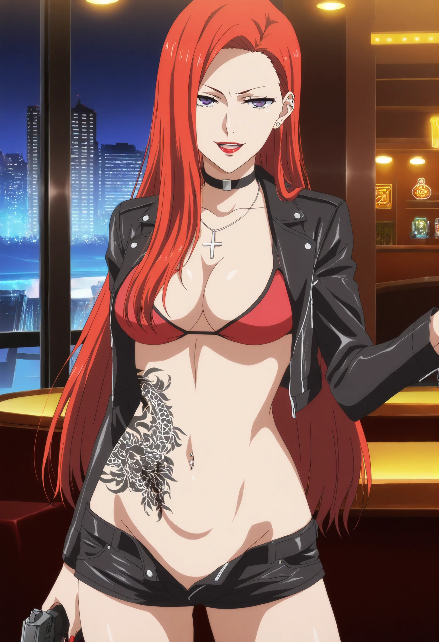 mature female suprise expression, red hair, orange red hair, long hair, straight hair, parted bangs, milf, forehead, middle parted hair, high detailed, best quality, ,red lipstick ,,, milf, necklace ,, ear piercing, long hair, , lipstick,Hot girl, baddie, smoking, bad attitude, mean girl, sensual, attractive, ,cross necklace, ,choker, ,bar background, inside bar, indoors, cityscape, casino, nightclub, city lights,, masterpiece, best quality, highly detailed, a girls with a gun, evil smile , open mouth, sexy gaze, badass pose , evil smile, smile, (nsfw) not safe for work, guns blazing, anime girl with long hair, beautiful long haired girl, navel, evil expression, exposed belly, exposed navel, exposed midriff, exposed lower belly, , cleavage, unbuttoned shorts ,open fly, black shorts, short shorts,, leather jacket, holding a gun, holding pistol ,, pull_down shorts, short shorts,(show off panties,:1.2, no panties), ,bikini top, ,navel ,navel piercing, shoulder holster ,medium breasts, dragon tattoo on waist , narrowed eyes , tattoo on waist , anipai_style , anime screencap , anime coloring , v-shape eyebrows ,, Tokyo Ghoul Style