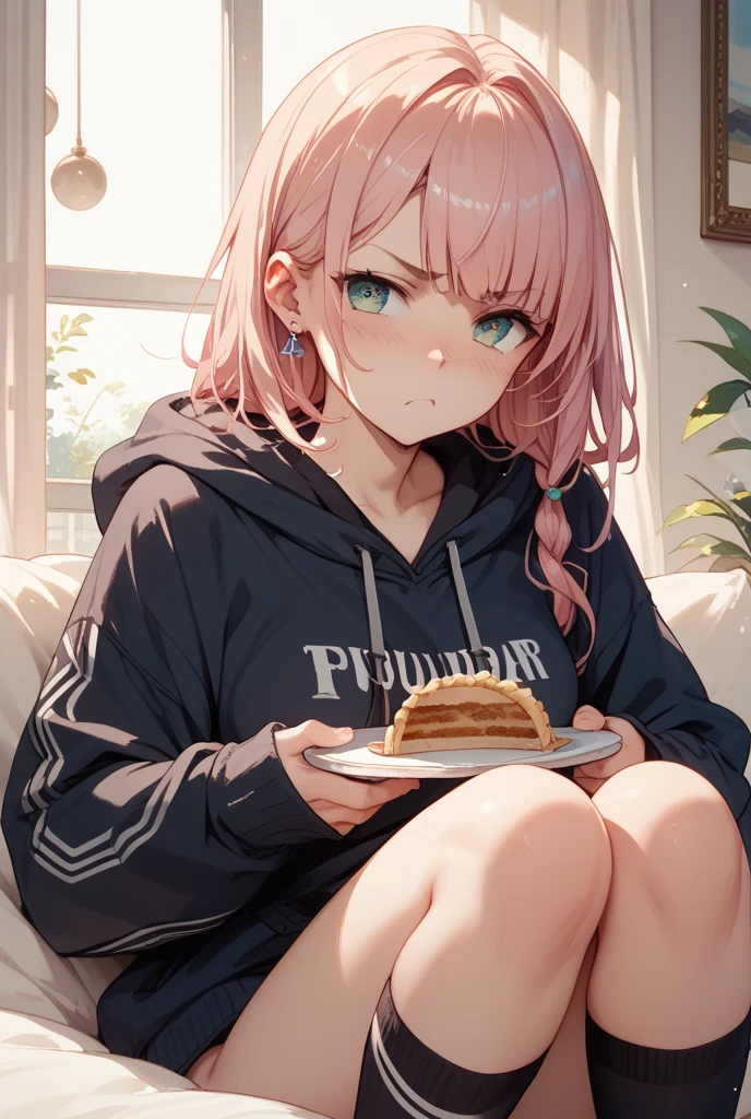 Masterpiece, best quality, score_9, score_8_up, score_7_up, source_anime, expressive face, expressive eyes, solo, pink hair, short twintails, black ribbons, bangs, hair between eyes, red eyes, medium breasts, (pink t-shirt), plain clothes, short sleeve, white shorts, (prone pose), on the ground, (eating), sweating, tired, painful, (living room), close view, (big belly:1.3)