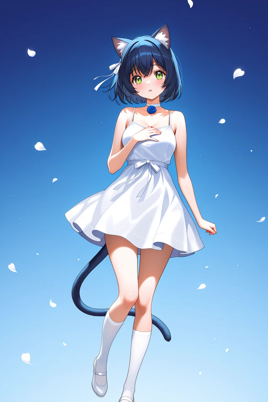 score_9, score_8_up, score_7_up,((best quality)), absurdnes, ((best quality)), CoquelinePXL, 1 femboy, feminine male, adult, 20 years old, black pupil, glowing blue iris, black sclera, blue skin, short peekaboo style hair((white outside, black inside)), pointy elf ears, bluish-black short demon horns, azure blue demon tail, mini skirt empire waist dress, mini skirt, translucent skirt, sleeveless, empire waist dress, turtle neck, solid white background, solo, hand on waist, looking at viewer, big ass, small breast, flat chest, no cleavage, anime inspired art, lewd, seductive smile