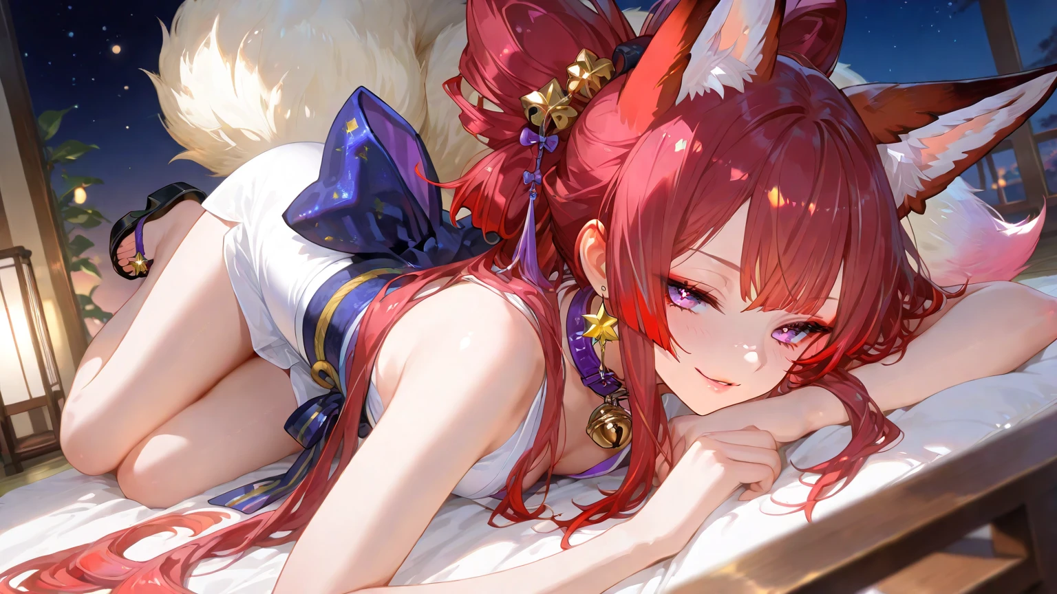 masterpiece, high resolution, high quality, NSFW, bedroom, night, pink kimono, big, cat ears, floral, heterochromia, red hair, long hair