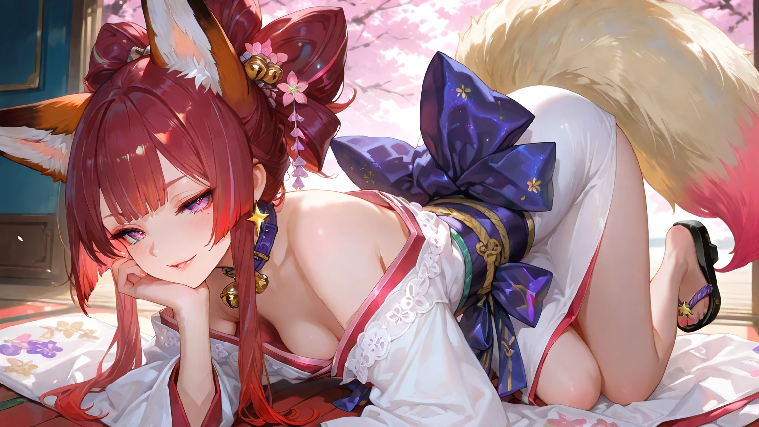 masterpiece, best quality, ultra detailed, sparkling eyes, Pink hair, face markings, Multiple tails, Fox tail, Japanese clothes, Bare shoulders, white thighhighs, Hair ribbon, Large breasts, forest, standing, Cowboy shot,make，2 girls，tongue kissing，Breast-to-breast contact，2girls,(Lady:1.2), ((Extremely detailed face, Hair, skin, Eyes)), hdr, 4K, 16k, 32K, 64k, 128k, 256k, 512k, Asymmetrical balance, teas, Anti – Aliasing, Intricate details, Fantastic, magic, Light rays, Ray traching, post-proces, eyeslashes, (eye shadows), eyes liner, mascara, Makeup, Yuri, (Thighs:0.8), Dynamic Angle(Large breasts), tongue kissing, grabbing breast