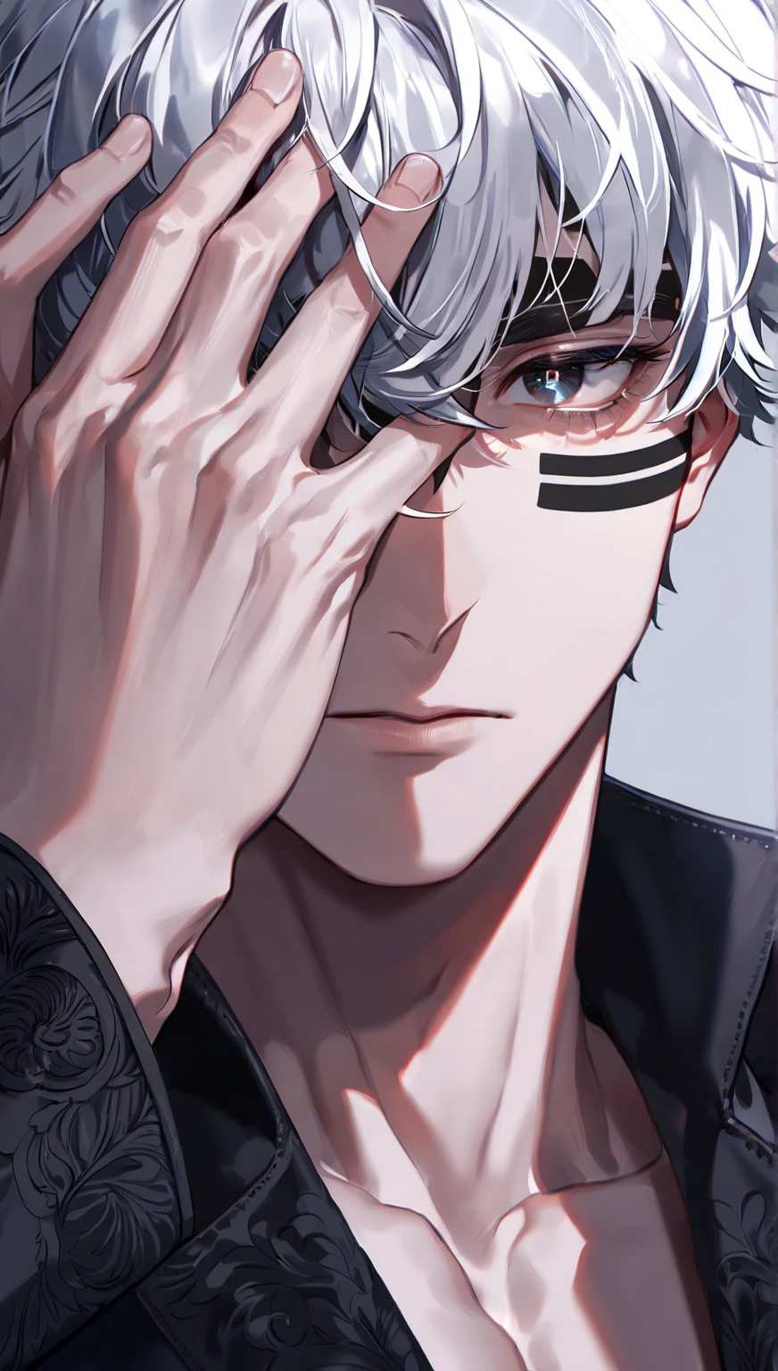 Handsome antique boy head, dashing, cloth blindfolded, white bandage on hands, wearing earring necklace, blue tone, cold, silver hair, face closeup, dark background, portrait