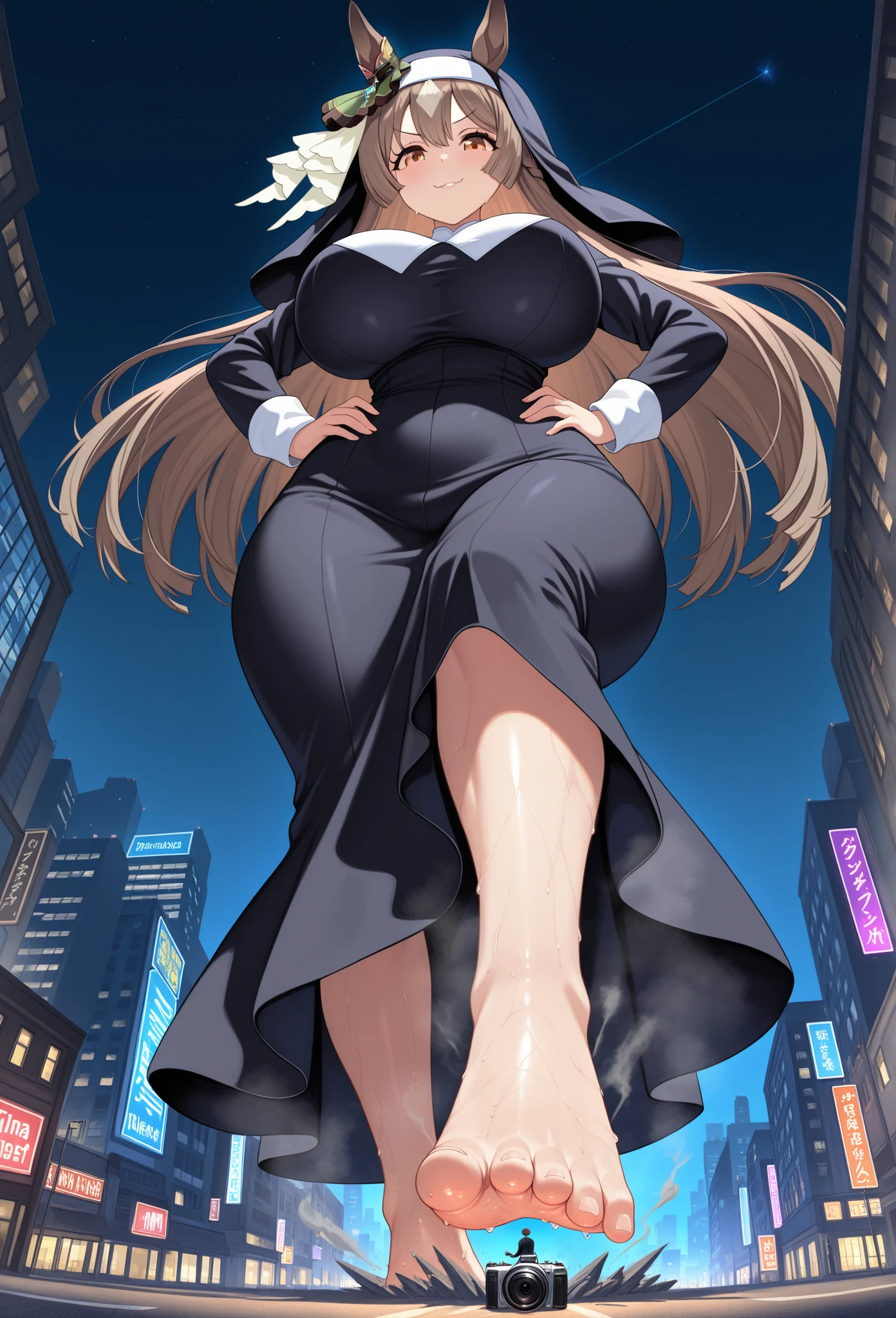 Huge barefoot teen,A girl taller than a building.,a small sailor suit,very short skirt, voluptuous, small city, playful
