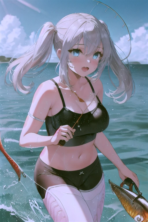 ((8k ultra, Perfect view, Looking at the camera, smuggle, sexy pose)), A girl, has long a silver Hair fall's through her waist, eyes Golden vertical pupil, wearing black bikini, dog tag, Aviator glass, background Deep ocean with whales and fish