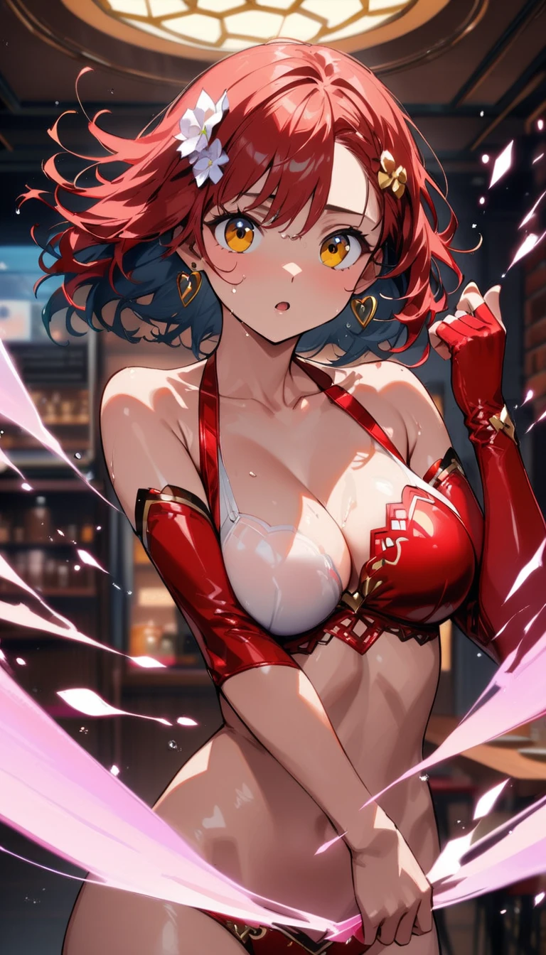 realisitic, top-quality, 1 milf, (red blush), bobhair, Protruding tongue, perspiring, Nurse Cap, Sequin Bikini, Black PVC gloves, large full breasts, 双臂在头后