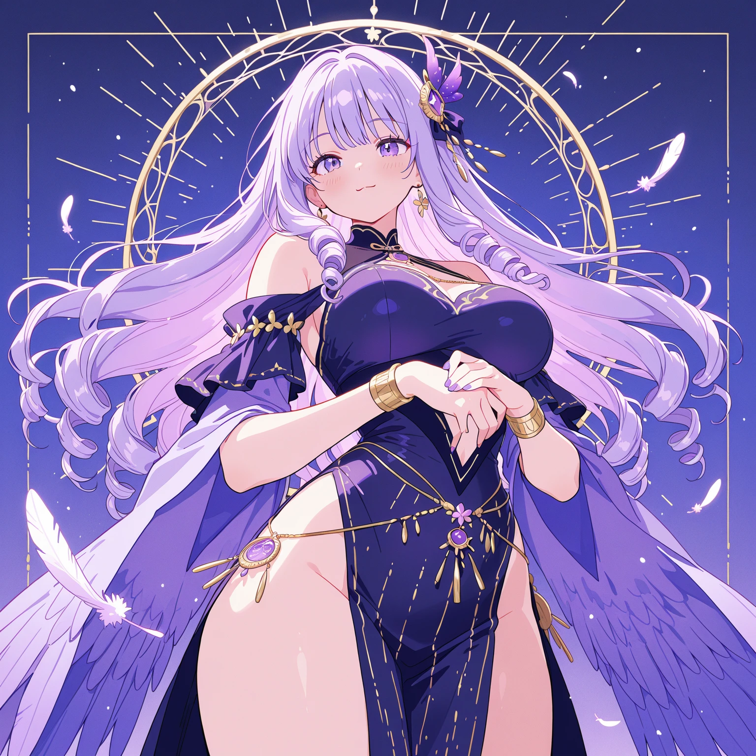 Create an anime-style illustration of a 17-year-old girl named Shizuka. She has long, straight, blue hair with bangs cut straight across her forehead. She has large, almond-shaped silver-blue eyes and porcelain-like white skin. Shizuka often wears glasses.(Highest quality:1.4), (super high quality), (Very detailed)Glowing starry sky、Floating in space like a purple gradient、milky way、Super big breasts、High leg combat costume、High and small nose、Long Hair、Glasses
