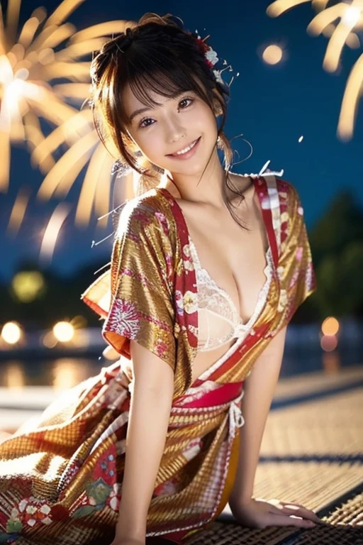 (((A very cute face like an idol)))、((A young-looking 20-year-old woman))、Wearing a cute Japanese yukata、Cleavage、night、Fireworks display、Natural light、(Whole body)、Artistic
