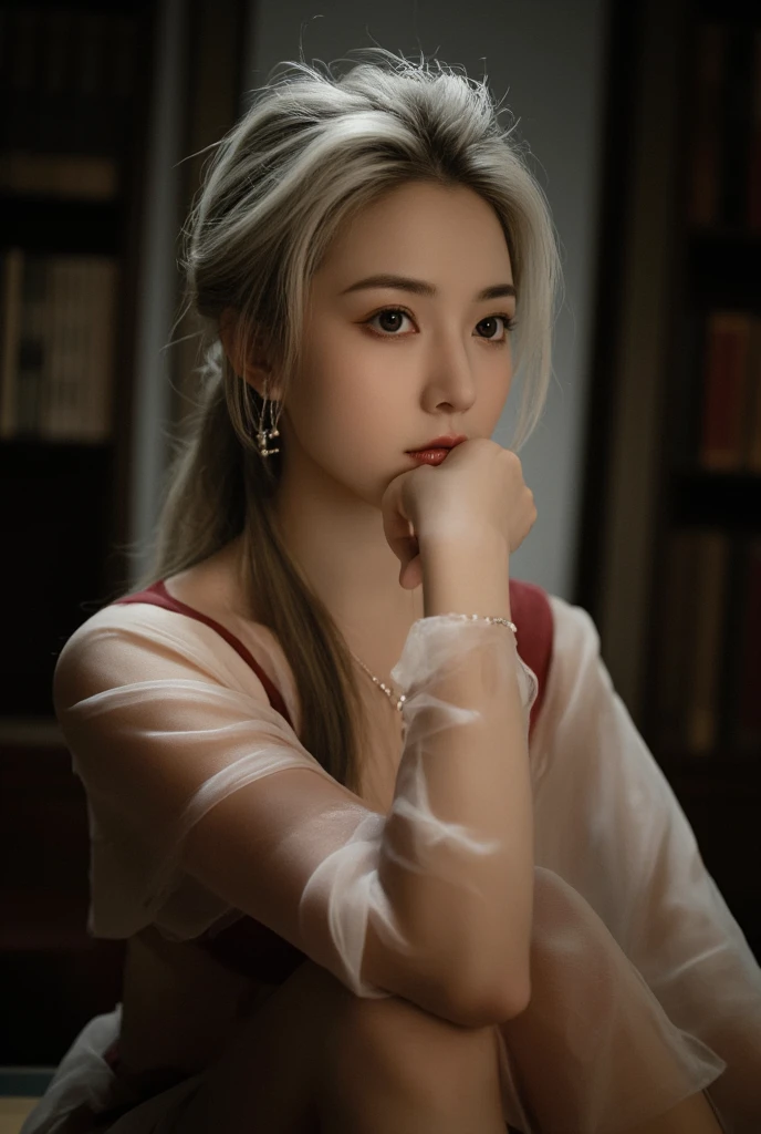 masterpiece, Highest quality, (alone focus), (Perfect Face:1.1), (High detail:1.1),dramatic, 1 person, (Pale skin), Long white hair, White eyes, [Thin eyebrows], alone, Venetian Mask, White luxury suit, Covered navel, Pouting, Covered, Ballroom, Detailed Background, art：artgerm と greg rutkowski,  Cinema Lighting, rose