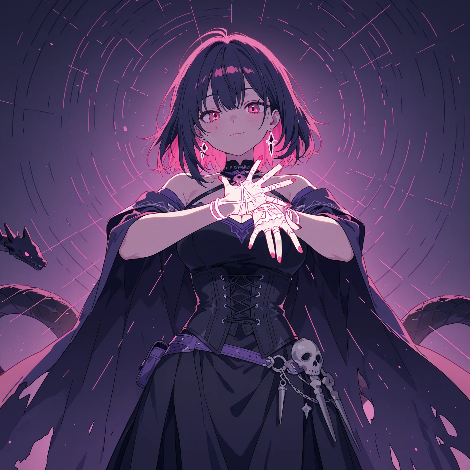 masterpiece, Highest quality, One girl, eric, Purple eyes, Brown Hair, Blunt bangs, Bobcut, Two honjiao, , bare shoulisers, Elbow hand pockets, Gauntlet, reis skirt, Fur trim, View your viewers, :is, IncrsVGift Both, incoming gift, outisoors, evil smile,shaded  face(eyes in shadow),darkness background,