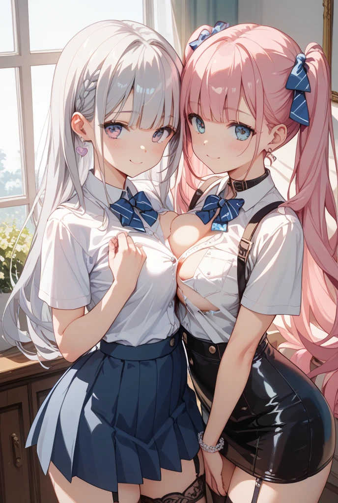 (masterpiece:1.3, top-quality, ultra high res, ultra detailed), (cleavage:1.4),(realistic, photorealistic:1.4), beautiful illustration, perfect lighting, natural lighting, colorful, depth of fields, surrealism, (embarrassed,blush:1.3),
beautiful detailed hair, beautiful detailed face, beautiful detailed eyes, beautiful clavicle, beautiful body, beautiful chest, beautiful thigh, beautiful legs, beautiful fingers, shiny skin,
looking at viewer, 1 girl, japanese, high school girl, (perfect anatomy, anatomically correct, super detailed skin), cute and symmetrical face, babyface, perfect face, perfect eyes,
(middle hair, two side up, pink hair), crossed bangs, purple eyes, drooping eyes, big eyes, long eyelashes, (large breasts, seductive thighs, skindentation), slender, outstanding style,
((detailed cloth texture, white collared shirt, blue pleated skirt, dark red neck ribbon), black thigh-highs, loafer),
(beautiful scenery), late afternoon,hands on chest, (lovely smile, upper eyes, open mouth small),