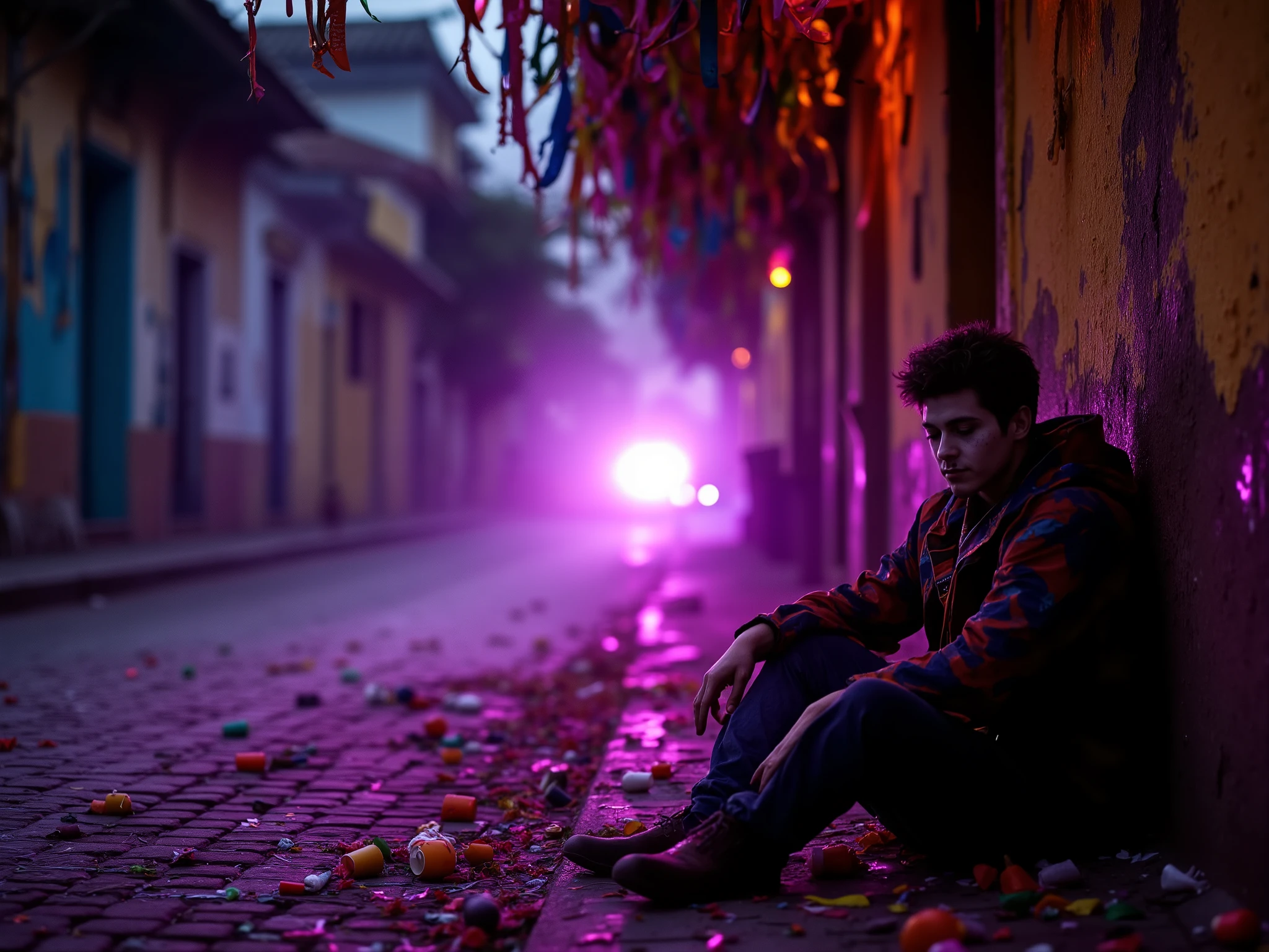 Ultra-realistic early morning street scene at dawn, right after the end of a vibrant Brazilian carnival. The street is quiet and littered with colorful remnants—crumpled streamers, confetti, discarded cups, and food wrappers. Faded multicolor decorations still hang above, now dull and tangled after a long night. The soft purple and orange glow of the early sunrise gently illuminates the cobblestone pavement and the foggy atmosphere. A young man in a Harlequin costume sits alone on the sidewalk, slouched against the textured wall of an old rustic building, eyes tired, expression deeply melancholic. His costume is wrinkled, makeup slightly smeared from the long night. HDR detail enhances the texture of the street and costume. Subtle analog film grain and soft gain post-processing give the scene a nostalgic, emotionally rich tone. The background shows the first rays of sunlight breaking through the mist, symbolizing quiet reflection after the chaos.
