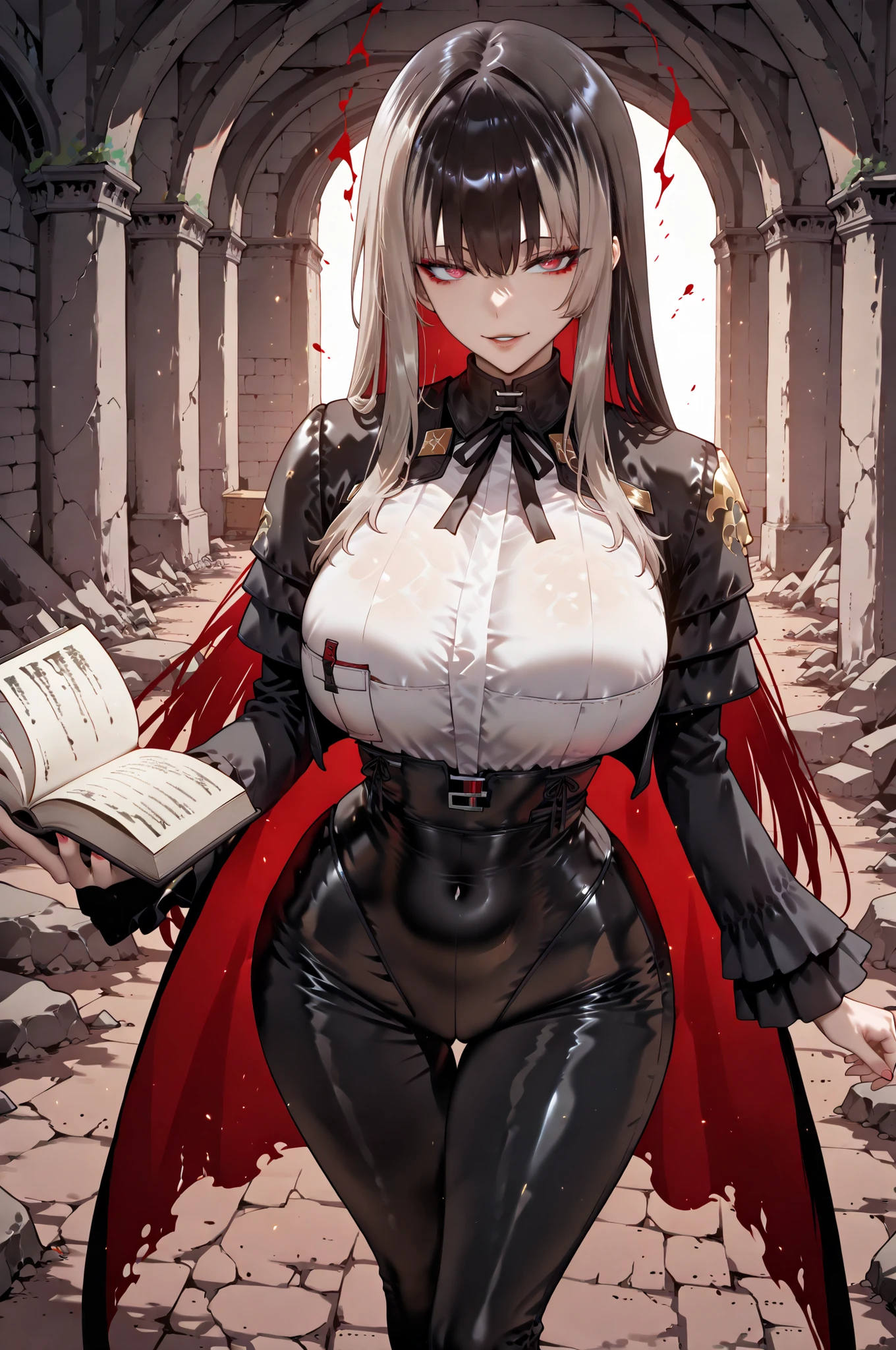 Ball of Light、光magic、taken from above、caveの中、Ruins、black suit、black longsuit、 black long jacket、ゴスロリなshirt、Depressed、Tall Woman、A woman in her thirties、 Alassah's woman、Steins;Gate、 black longsuit 、score_9, score_8_up, score_7_up, Source_anime,masterpiece、No expression、no makeup、top quality,beautifully detailed eyes in a logistics warehouse, Exquisite Eyes、A sophisticated eye、highly detailed eyes and faces,unmotivated expression、lethargic face、 long breasts, Black Jacketを羽織る、Black Jacket、shirt, big saggy breasts, shockingly big breasts, big breasts,big boobs、boobs 、Zitoida, makeup、no makeup、long hair、smooth straight hair、black slacks、tall woman、Tall Woman、plump thighs, parted lips、 shining eyes,(Fire Aura Onkown),dungeon内、Crimson Eyes、long hair、dark haired、黒い髪、Long Straight Hair、dungeon、cave、Ruins、solo、soloプレイヤー、red aura、 Crimson Aura 、Wide ass、beautiful butt、and stick your butt into the focus of your butt、long boots、Shoulder Armor、Fearless Laugh、strong、Is confident、suit pants、黒いlong pants、Black Skinny、long pants、Dynamic、Satu、fight、Satu狂、俺だけレベルupな件、arrogant、 Confidence々The smile 、bewitching smile、Sadist、Satu中、hunting、hunting、intimidating、magic使い、magic、Spell Book、magic、Spell Book、magicの本、Floating Book、floating book、Pearl of Light、Light Ball、 Floating Books、Flying Book、左手にmagicの玉