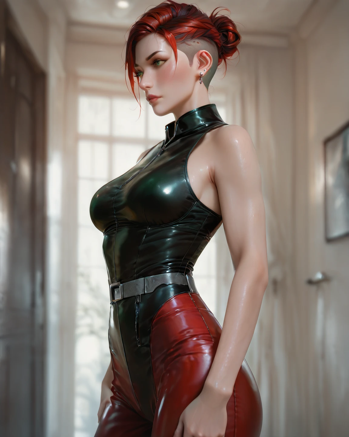 1 girl, marvelous, muscular, thick-thighs, mature woman, abdomen, Broad Hips, (work of art, high qualiy:1.1) ,shining skin, soft, soft skin, chest indentation, tight-fitting suit, busty, curved, adjusting, toned, camel toe, lipstick, thick lips, make up, highy detailed, kawaii, Wet and shiny,