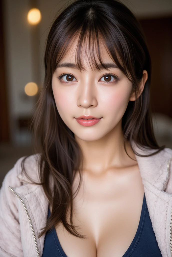 (8k), (highest quality: 1.2), (Realistic), (Realistic: 1.37), Ultra-high resolution, 1 girl, Head to knee photo、cute, smile, Mouth closed, Beautiful details, Beautiful Nose, whole body, Wet Hair, Giant Dulcefo, pork, , (Large Breasts)、Saggy breasts、Soft Breasts、Overflowing breasts、Grayish color knit cardigan、隠しきれないLarge Breasts、Voluptuous thighs、Odd Eye、Heterochromia iridis