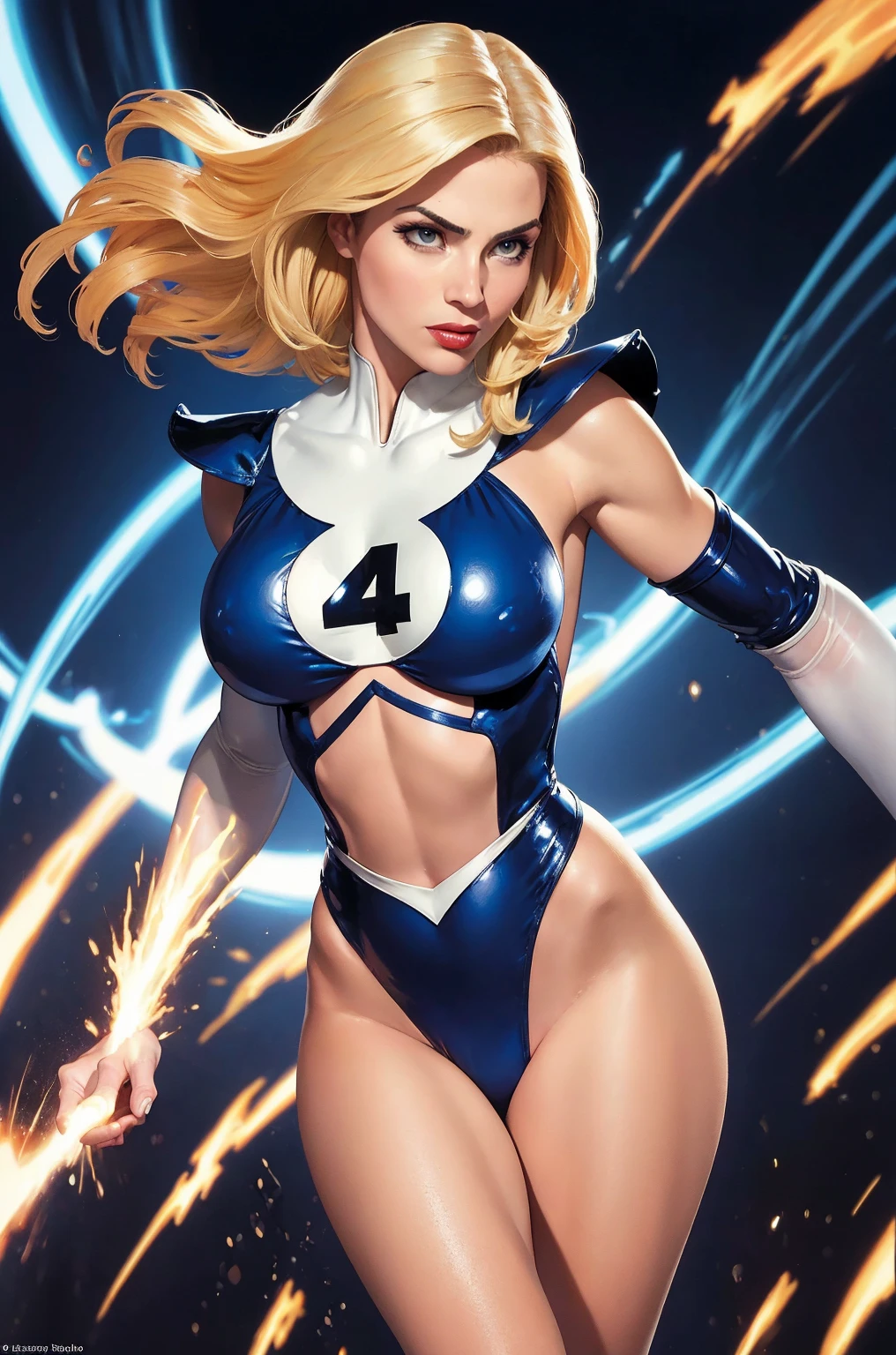 Artistic image of a Susan Storm from the Fantastic Four., by rubio, sexy, big breasts, by Luis Royo, Boris Vallejo, Frank Frazetta, extreme focus, sharp details, Oily skin, sexy, dynamic pose, fantastic four uniform
