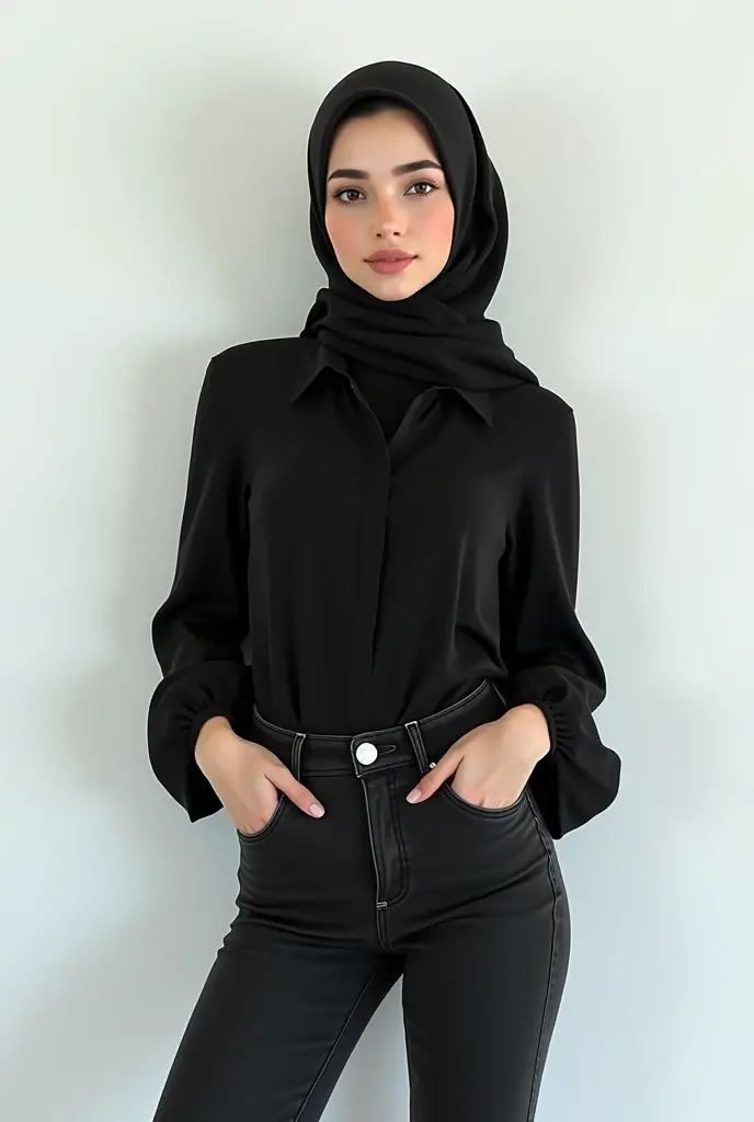a full body cute muslim woman standing in front of a white wall,  trending on cg society, realism, in black blouse and black jeans, black hijab,black shoes,young and cute girl, tight shirt, white outline, white background!!!!!!!!!!, 1 girl, milky white skin,, with backlight, slim waist, high collar