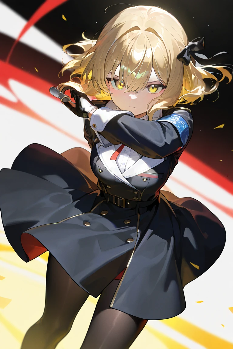 The girl wore a black German military uniform, Girls' Front, animated, extremely beautiful detailed anime face and eyes, realistic, whole body, focus on eyes, holding_weapon, beautiful detailed fullbody, petite, girl, baby,5 years old, short hair, messy hair, wept bangs, blonde hair, disheveled hair, ahoge, Delicate facerain, baby face, lovely big eyes, sky background,flat_chest, blue eyes, black_gloves, gun, military, boots, black Clothes, grand space, floating, God Light, Absurd, artbook, extremely detailed 8K wallpaper, very precise detailed, absurdres, {{{{{{{hensin}}}}}}},{{{{glowing neon arms}}}},{{{{glowing neon legs}}}}, dutch angle, from above, (smirk), detailed gun, detailed pendan