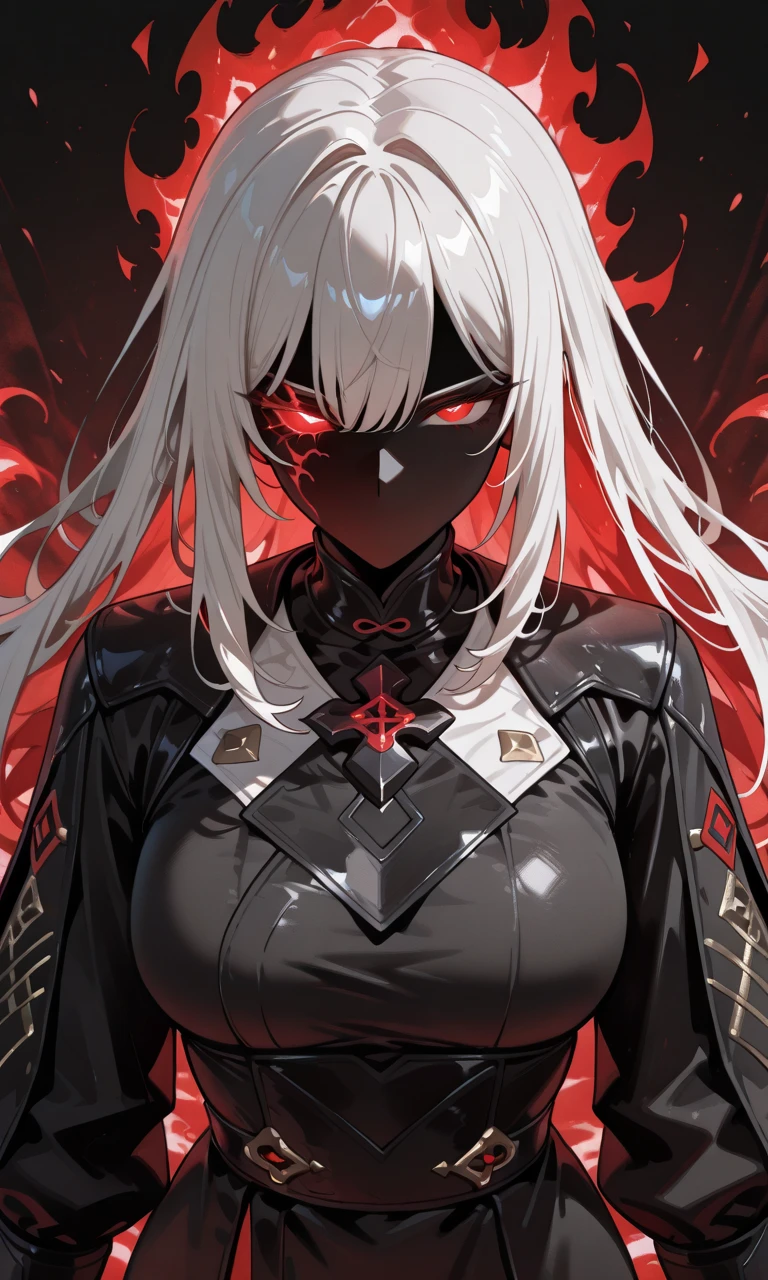 Long white hair, crimson eyes, evil, sexy, black and red clothes, evil face, evil, serious look, gloss lips, sinister, front look, bloody, gloves, close up, portrait, beautiful eyes, big white, dark place, night, sensual, straight hair cut, clear skin, evil, young 30 years girl, adult girl, solo, red, very long hair, ankle length hair, handsome older WOMAN，crimson-eyes，crimson pupils，Long white hair，Hyperresolution，accuracy，Detailed rendering,（Image of fine hair）（topquality）（Masterpieces of masters）（High degree of completeness）（A sense of atmosphere）tmasterpiece，Super detailed and super detailed（((full-body)))(((Sexy black latex outfit)))