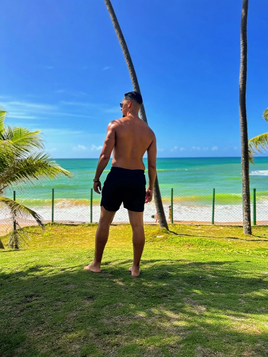 Man standing on a beach, caio santos, posing on a beach with the ocean, taken at the beginning of 2020, the ocean in the background, about 19 years old, photo by full body, ocean in the background, at beach, 21 years old, suitable photo, thick and long penis, having sex with an elegant man