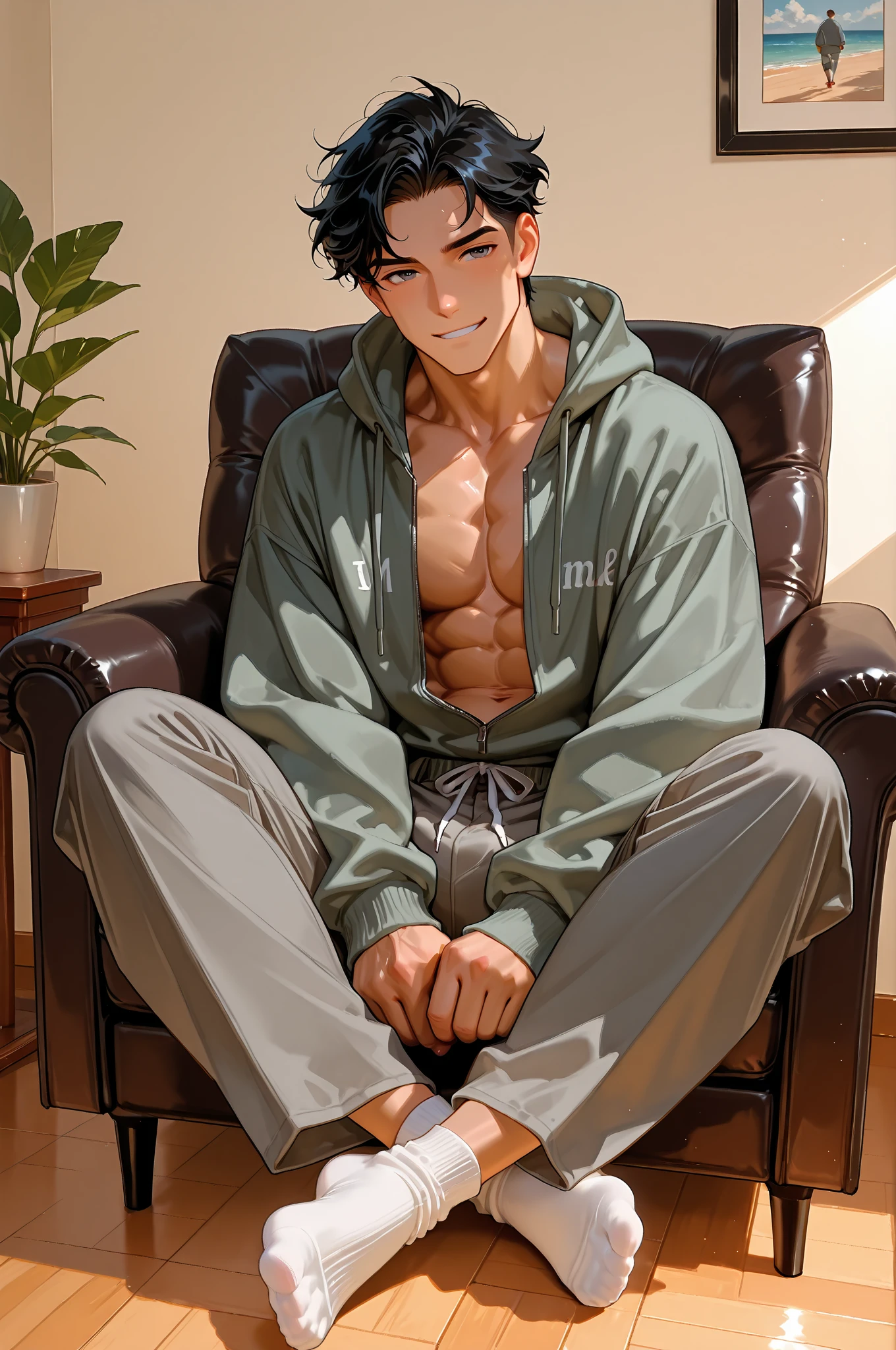 Masterpiece, best quality, super detailed, illustrated, a 20-year-old male with short hair in a yellow Taoist robe, (serious expression, sweating: 1.5) sitting on a sofa in his bedroom, watching a mobile phone video, (upper body display: 1.4) --auto --s2