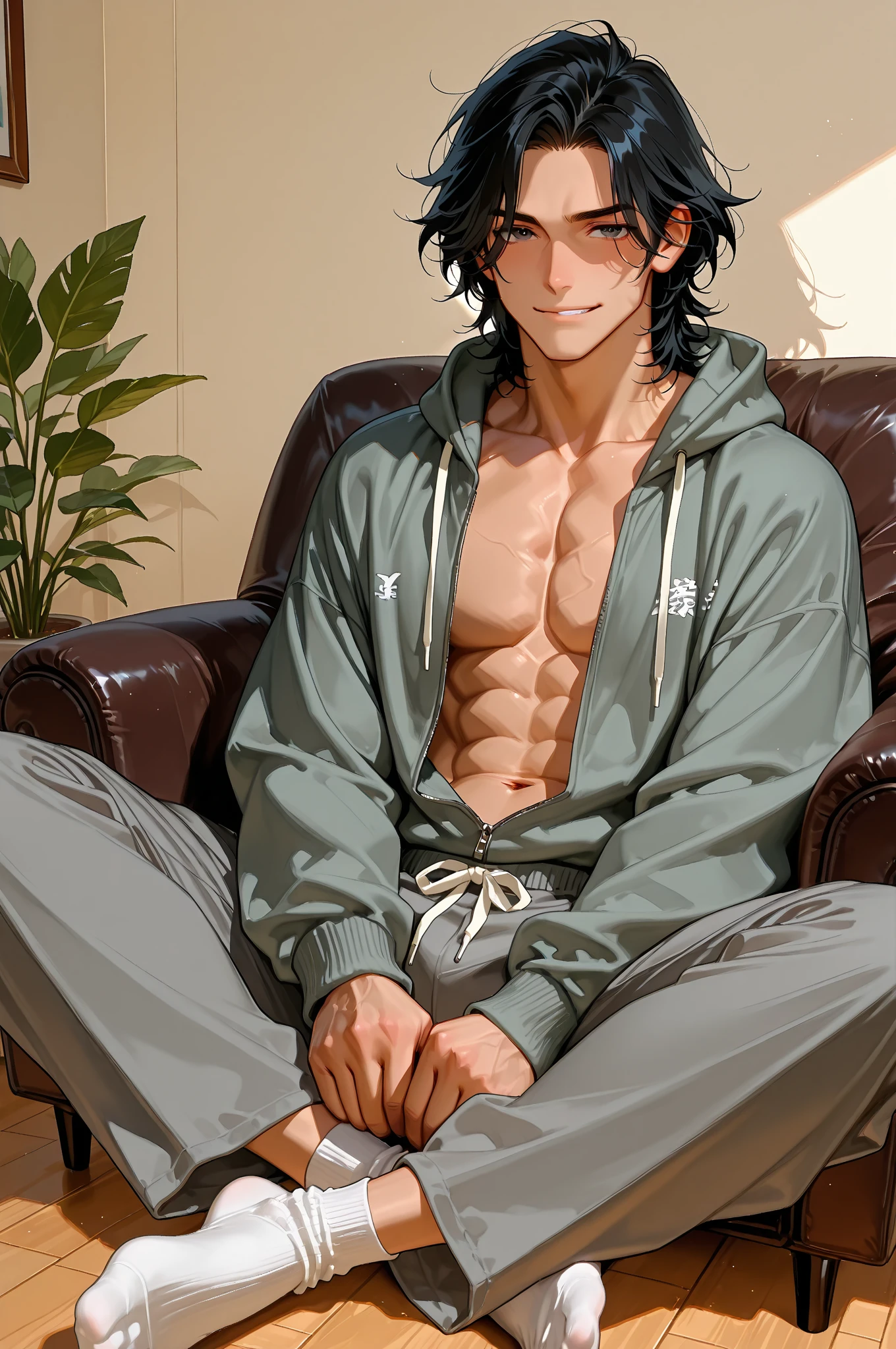 (highest resolution, distinct_image) The best quality, 1 man, hair covering eyes, brunette, highly detailed, semi realistic, living room, camouflage joggers, sandals, sitting, sharp teeth, smiling, playful, mysterious, charming, casual, shirtless