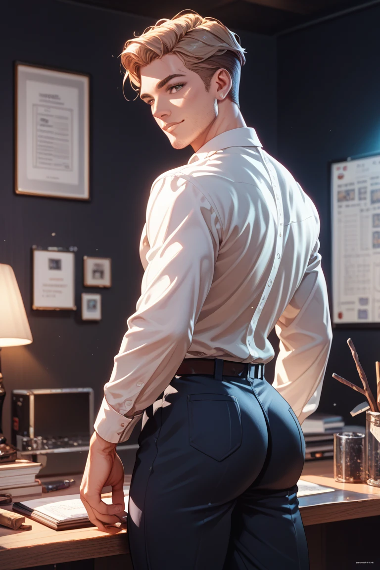 masterpiece, realistic eyes, best quality, bamboo, closed mouth, beautiful lighting, cinematic, 8k, 2boys, man, facial, wet face, liner, wooden walls, medium , white shirt, short shorts, back, ass, cum on ass