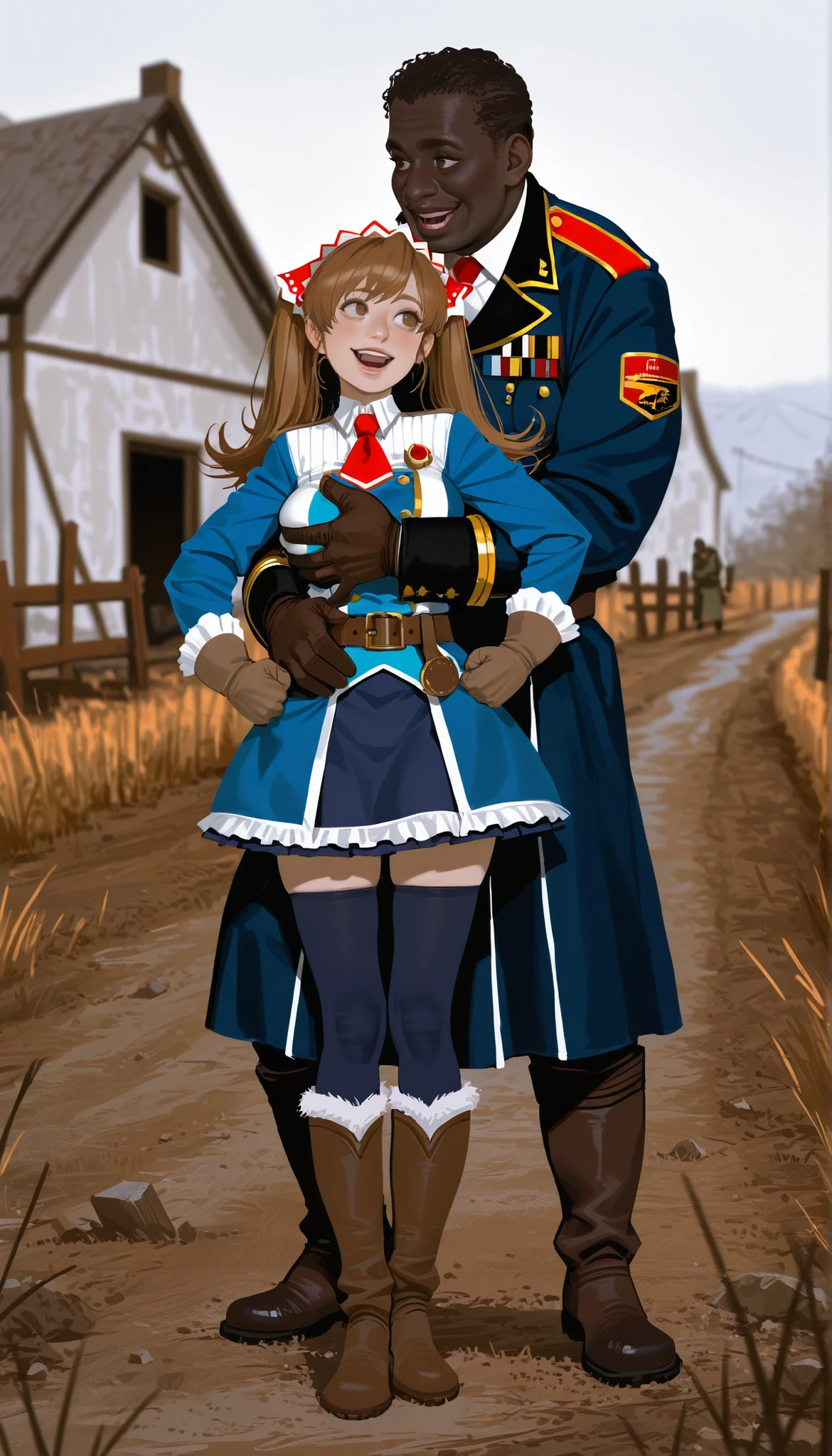 score_9,score_8_up,score_7_up,
realistic,highly detailed,
aliciamelchiott,1girl,1boy, interracial couple,
brown hair,twintails,bouncing hair,brown eyes,eyes looking to the side,smile,open mouth,headdress,military uniform,white collar,red necktie,brown gloves with fur trim,brown belt,dark blue skirt,dark blue thighhighs,knee boots with fur trim,full body,standing,front view,left fist on hip,
outdoors,countryside,vignetting,blurry background, BREAK, very dark skinned men, ntr, netorare, hugging and groping, black imperial uniform, large men, ugly evil men