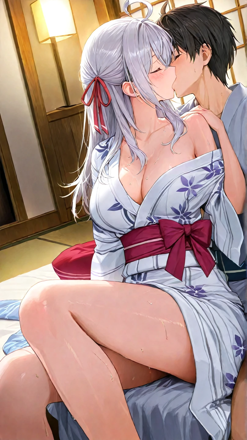 28 years old, A beautiful woman,Beautiful breasts,Cleavage,Hot spring inn,Japanese-style room,Open yukata,Bedroom,Duvet,Woman lying on her back,Sleep Style