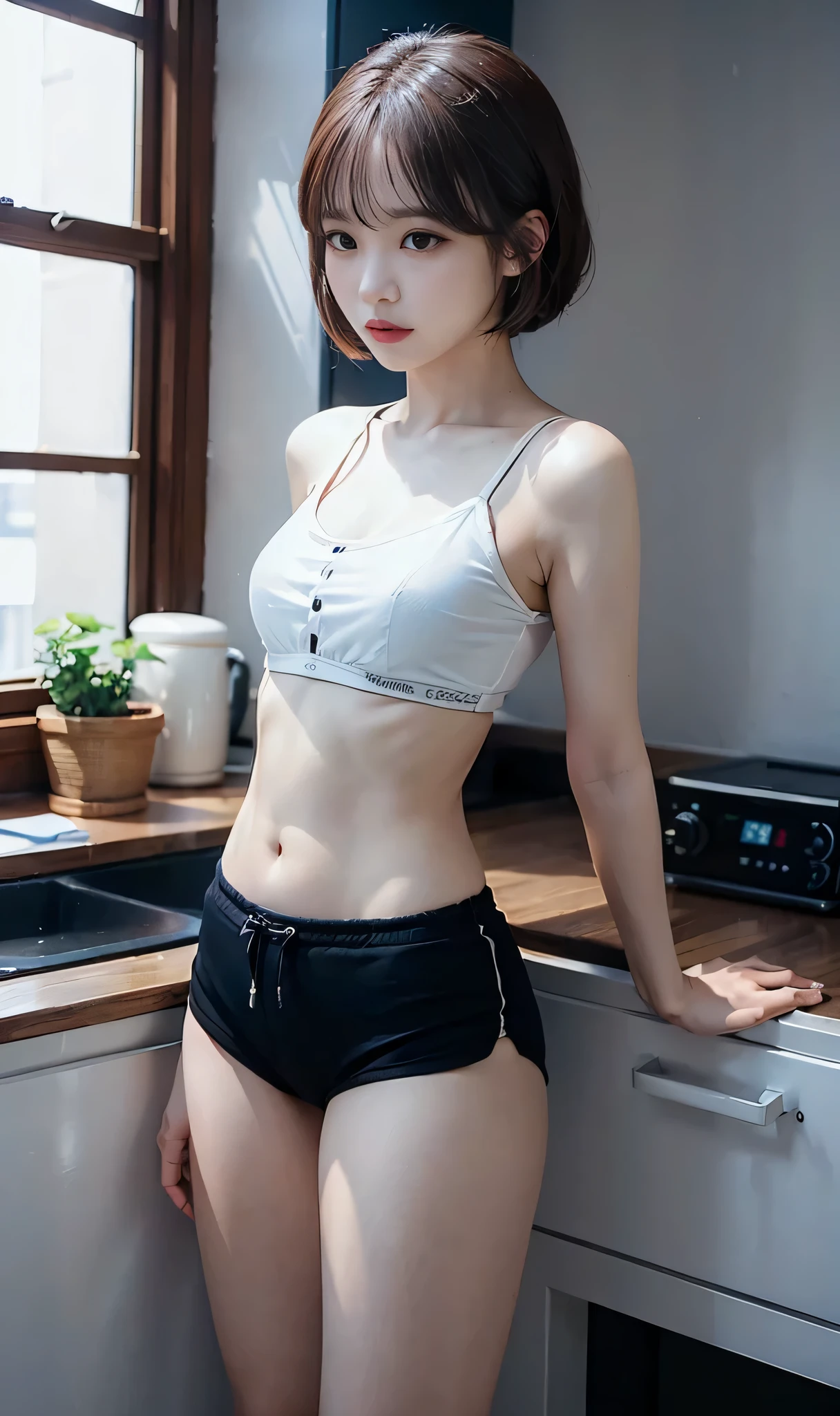 (Clothing:2.0, camisole:1.8, boxer shorts:1.8), ((A grin:1.2, Short Hair:1.2, slender:1.5, Small Ass:1.5)), (Kitchen room:1.5), ((Japanese, 1 Girl, 18-year-old, 7 heads, Ideal body proportions, Black Hair, With bangs, Small breasts, Erect nipples, slender, Small Ass, Beautiful feet, Skinny Legs)), Surrealism, Cinematic Lighting, Depth of written boundary, First Person View,  F/1.8, 135mm, Ticker, Mastepiece, Curate, ((Anatomically correct:1.3)), Textured skin, Super Detail, High detail, High quality, Awards, Best Quality, High resolution, 8K