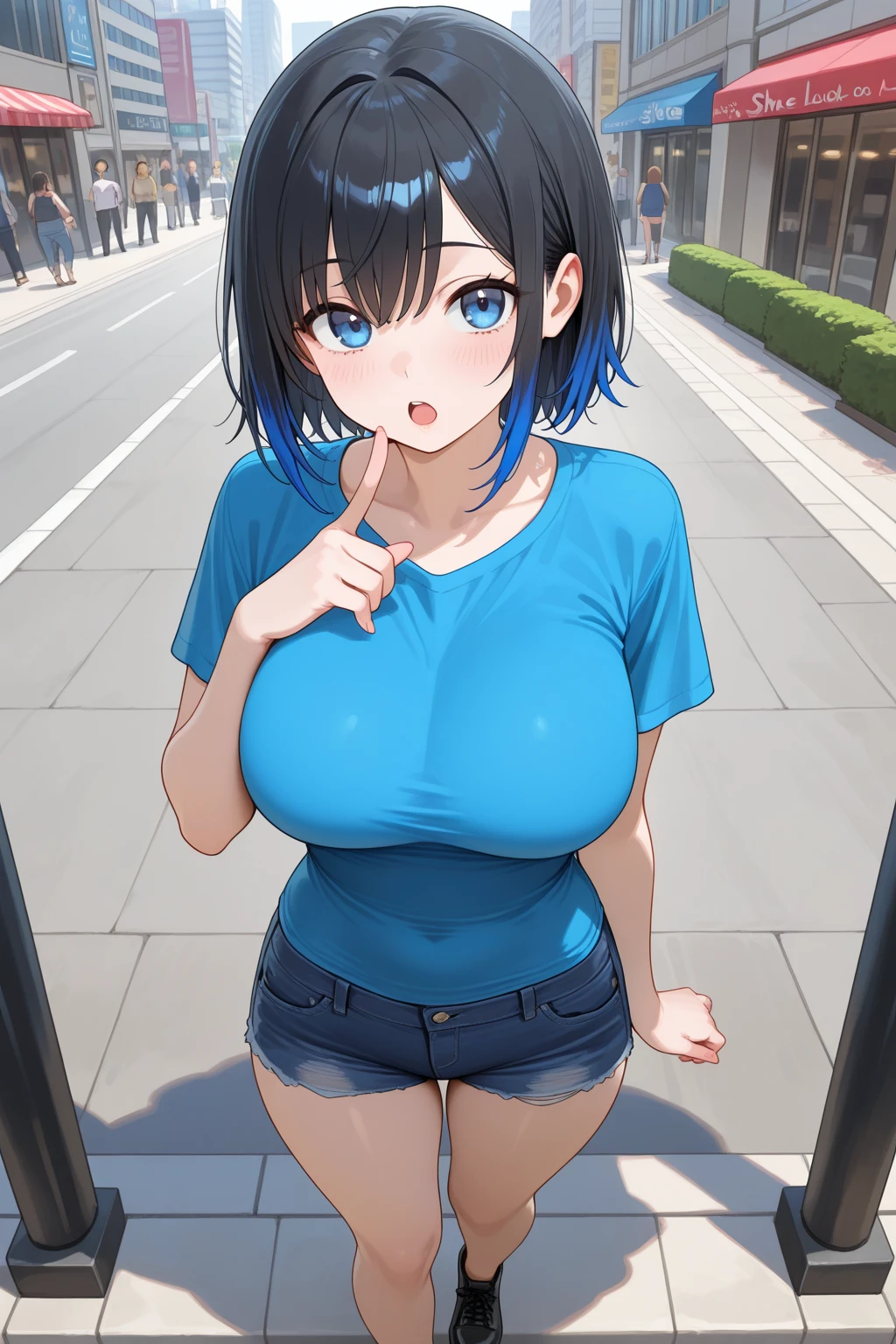 (Blue Naked Hoodie)、short hair、Zip-up、cool、Showing off her breasts、Estrus、excited、Black Hair、Pillar、Big Breasts、((No bra))、Milk rush、City、In town、crowd、Get noticed、Have your picture taken、(M-shaped legs)、squat、Pussy、Pussy、Lower body naked、Put the sausage against the crotch