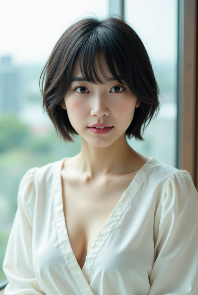 (highest quality:1.4), (masterpiece:1.4), (Realistic:1.4), (High resolution), (RAW Photos:1.4), (Ultra-detailed:1.2), (8k:1.2), Cinematic photography, 85mm lens, a photo of a dark-haired, hairstyle is a short bob, One girl, alone, (White shirt), ((Upper Body:1.3))