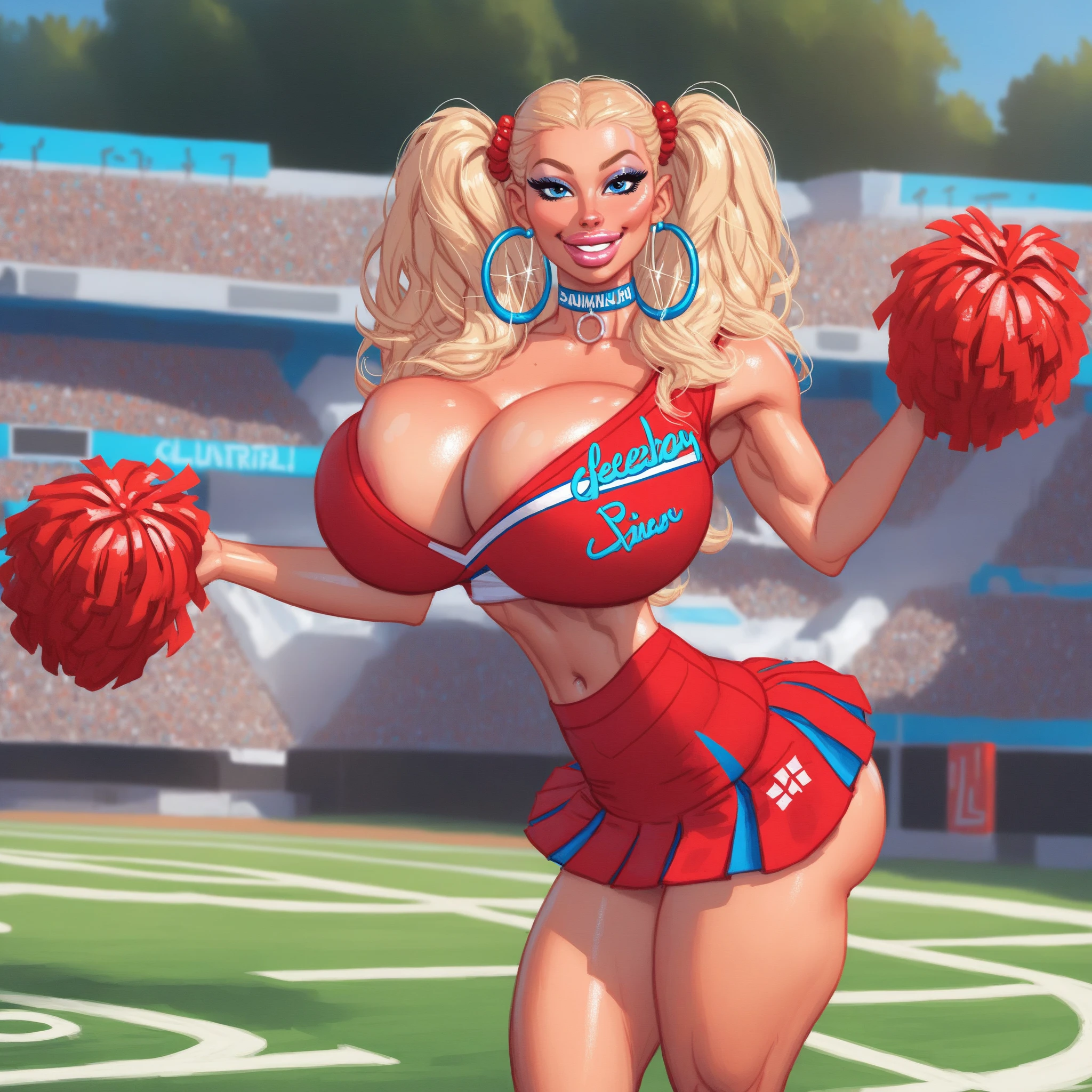 score_9, score_8_up, score_7_up, g0thicPXL, Expressiveh, high quality, stunning, perfect eyes, detailed face, 1girl, solo, bimbo, tall, sexy face, long blond hair, wavy hair, full lips, large lips, bimbo lips, massive fake breasts, round breasts, wide hips, huge hips, large round ass, bubble butt, thick thighs, curvy, voluptuous, hourglass figure, bottom heavy, slut, makeup, cheerleader's uniform, pink clothes, cheering, outdoors, noon,