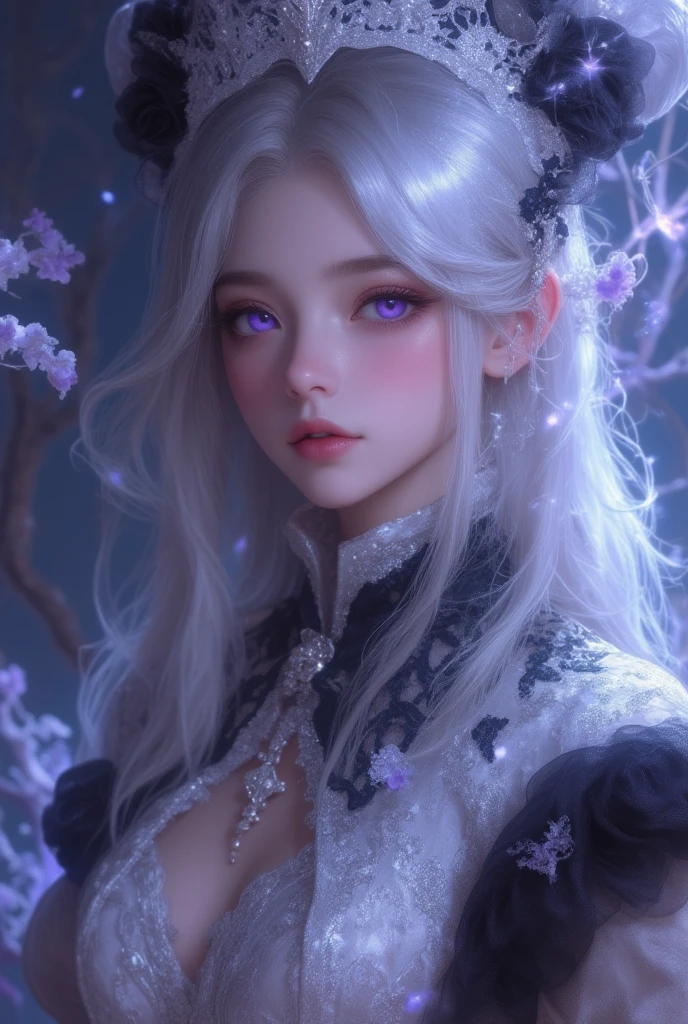 masterpiece, (best quality:1.2), (ultra-detailed:1.2), illustration, (an extremely delicate and beautiful:1.2),cinematic angle,floating, (beautiful detailed eyes:1.1), (detailed light:1.1),cinematic lighting, beautifully detailed sky, women, white hair, blue eyes, (high ponytail:1.1), cloak, glowing eyes, (moon:1.2), (moonlight:1.1), starry sky, (lighting particle:1.1), fog, snow painting, sketch, bloom