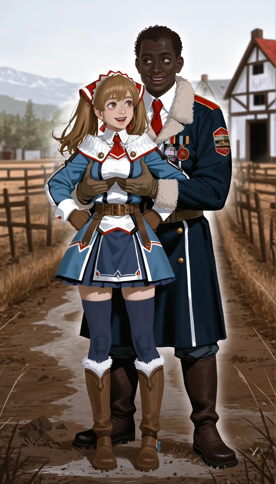 score_9,score_8_up,score_7_up,
realistic,highly detailed,
aliciamelchiott,1girl,1boy, interracial couple,
brown hair,twintails,bouncing hair,brown eyes,eyes looking to the side,smile,open mouth,headdress,military uniform,white collar,red necktie,brown gloves with fur trim,brown belt,dark blue skirt,dark blue thighhighs,knee boots with fur trim,full body,standing,front view,left fist on hip,
outdoors,countryside,vignetting,blurry background, BREAK, very dark skinned men, ntr, netorare, hugging and groping, black imperial uniform, large men, ugly evil men