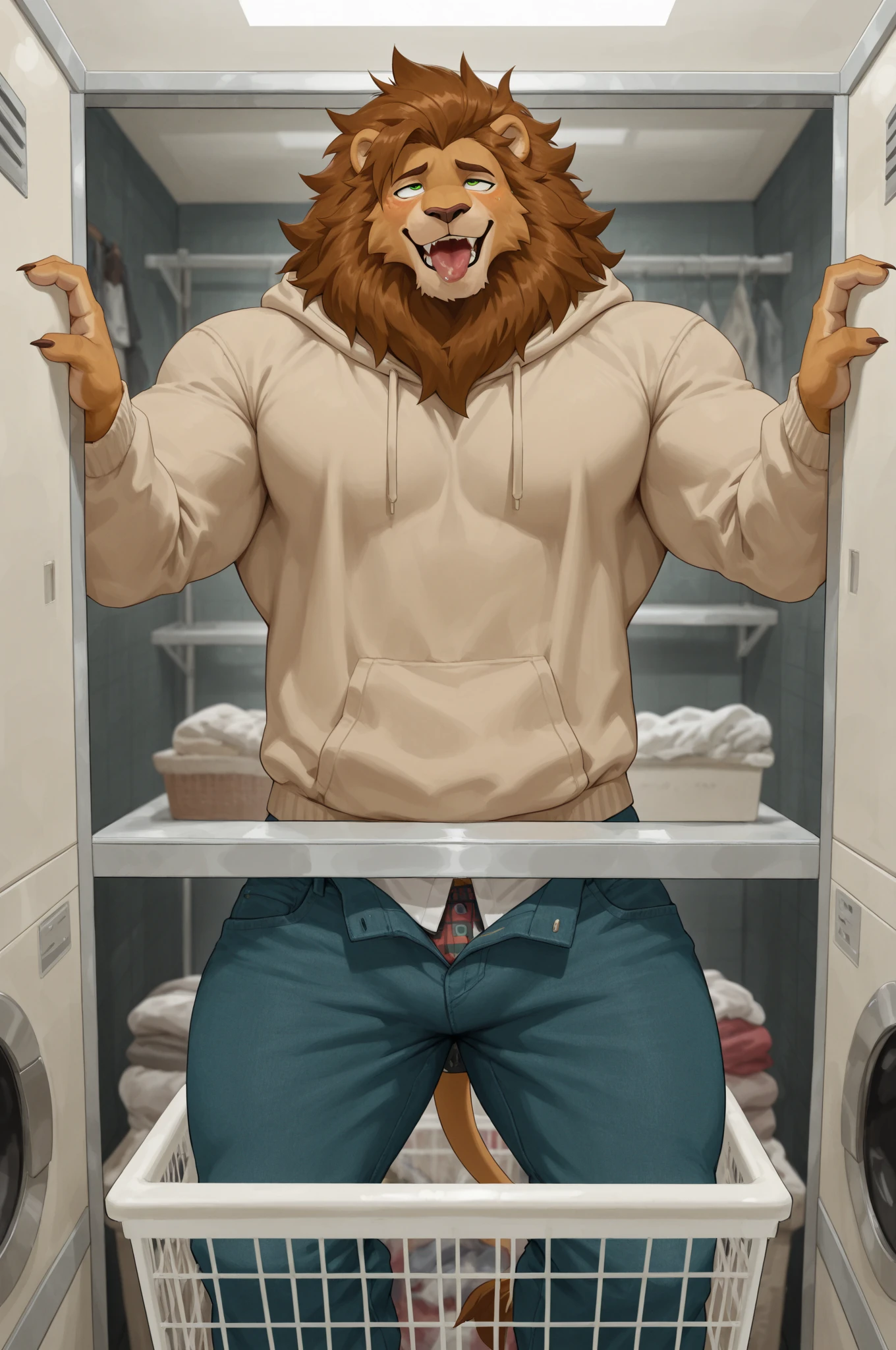 Long tail, Anime, huge guy, Alone, large school hallway, looking at the camera, leaning seductively on a locker, resting elbow on the locker, resting cheek on his hand seductively, Male, mischievous and charming smile, bedroom eyes, fluffy tail, usual fur colour of hyenas, whole body is covered in a brown fur with some dark brown circled spots along his body, yet he has some parts of his body with different color. His snout, his eyebrows and his tail have a dark brown color, and some parts like the frontal part of his neck, the frontal part of his pecs, and the frontal part of his abdomen has a white, almost yellow fur. His dick and balls have a dark brown fur color, and his ears have a black color, and his inner ears have a white, almost yellow fur color. Besides, like every hyena, he has a dark brown crest-like mane that goes from the top of his head (between his ears) to his rump, that, because he's an antropomorphic animal, works as his hair too. He is tall (190 cm), really muscled and buff, with ripped and perfect pecs, abs, biceps and back, and he has a good pair of muscled legs too (and a good crotch and butt, honestly). He wears a Red t-shirt which is quite tight and shows his muscles really well, a pair of blue jeans that mark his thighs, crotch and butt
